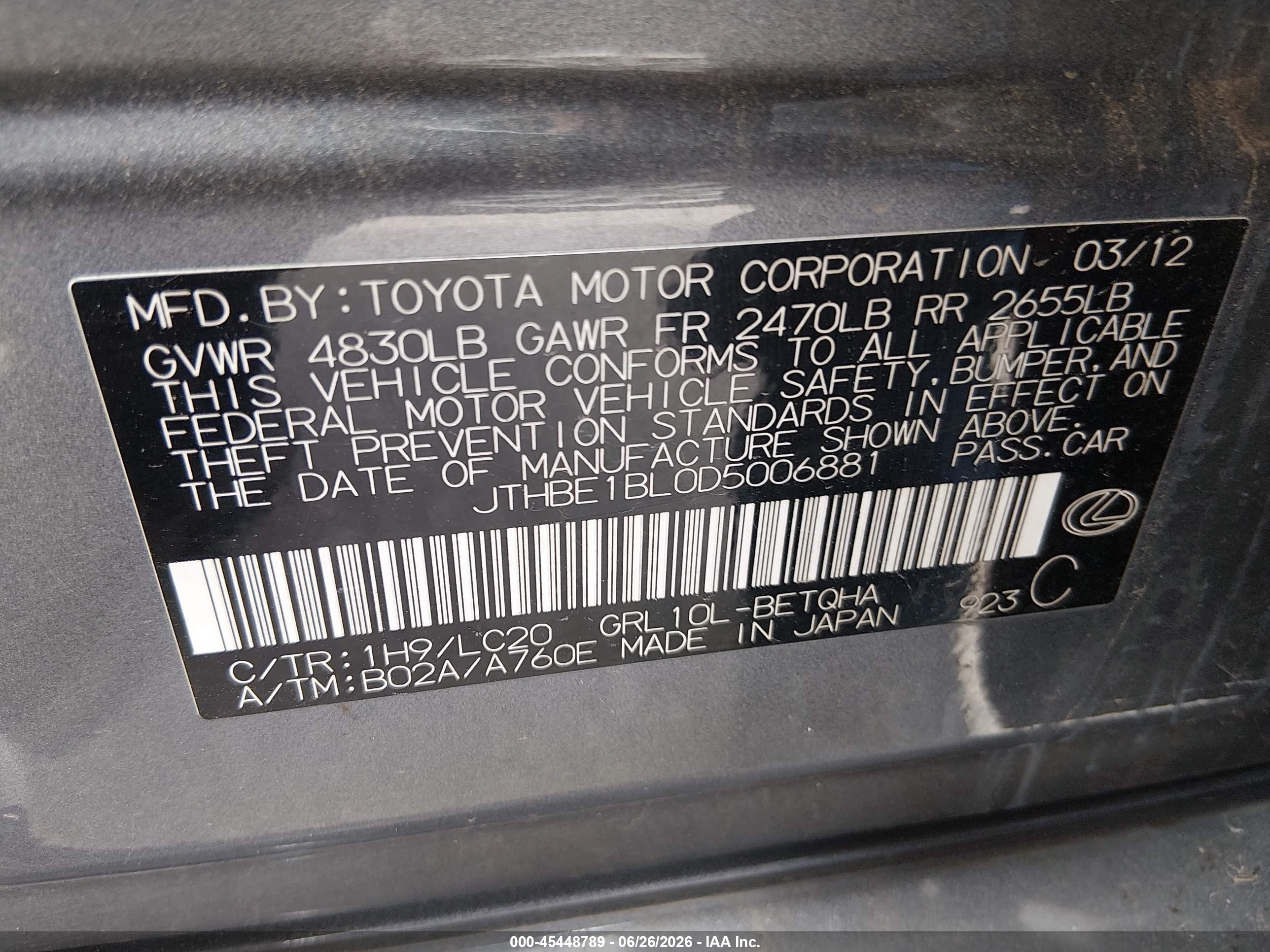 2013 Lexus Gs 350   Blue vin: JTHBE1BL0D5006881