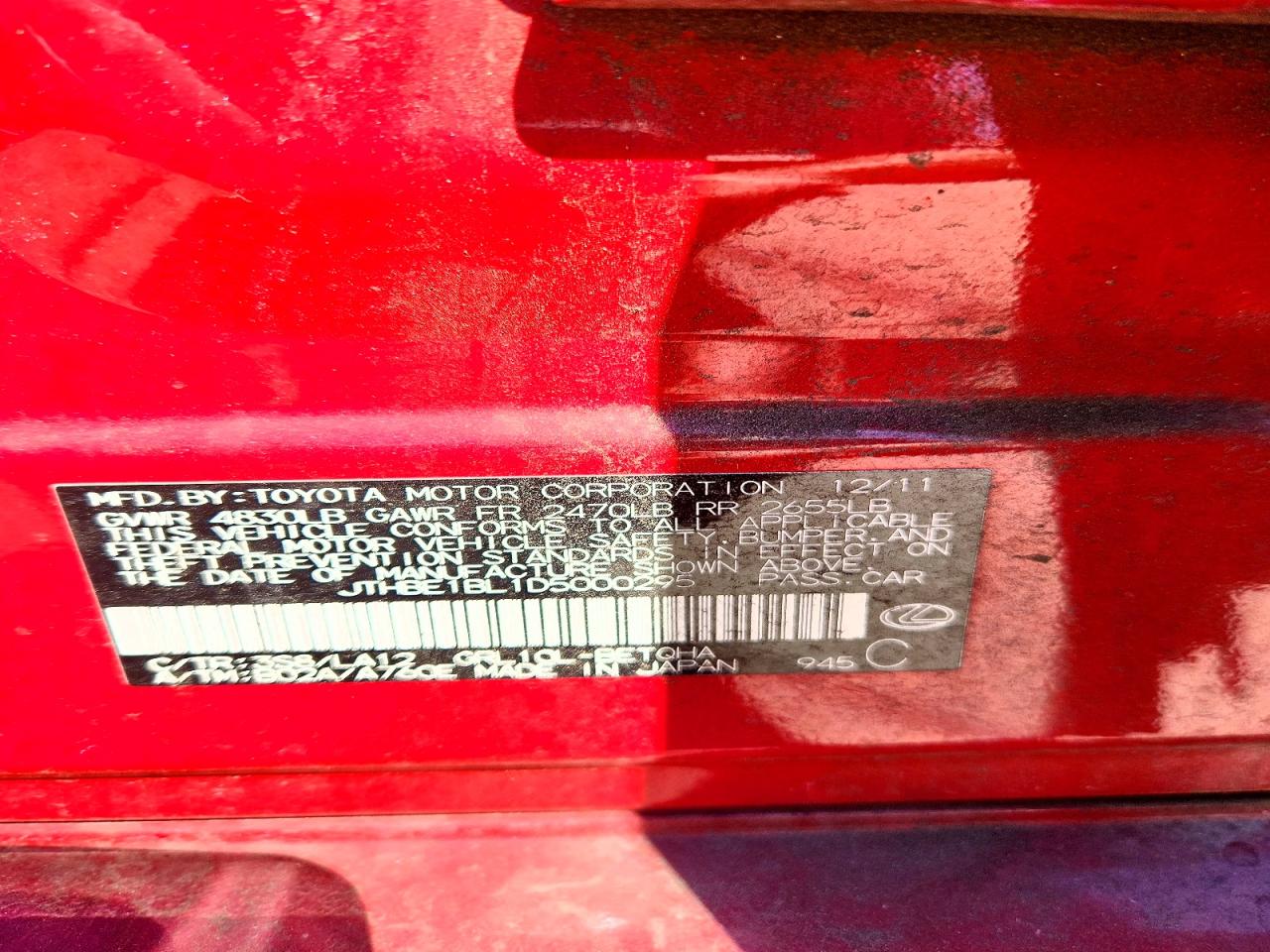 2013 Lexus Gs 350 Base Red vin: JTHBE1BL1D5000295