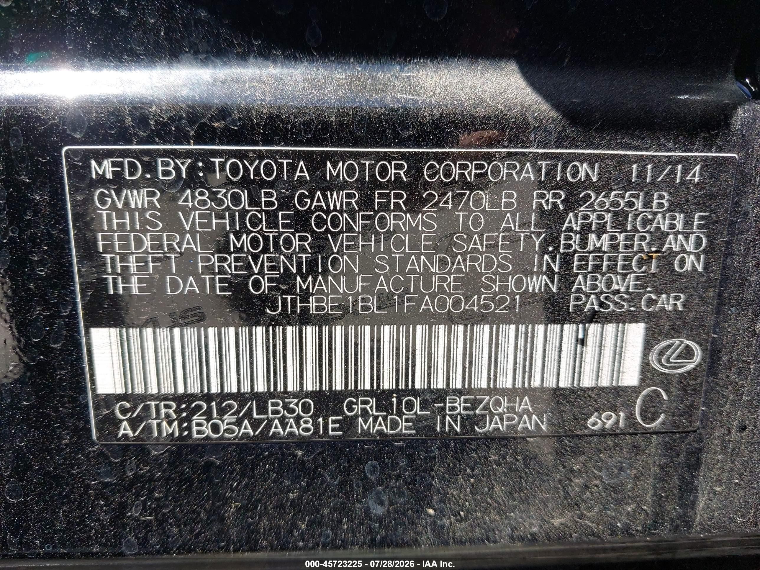 2015 Lexus Gs 350   Black vin: JTHBE1BL1FA004521