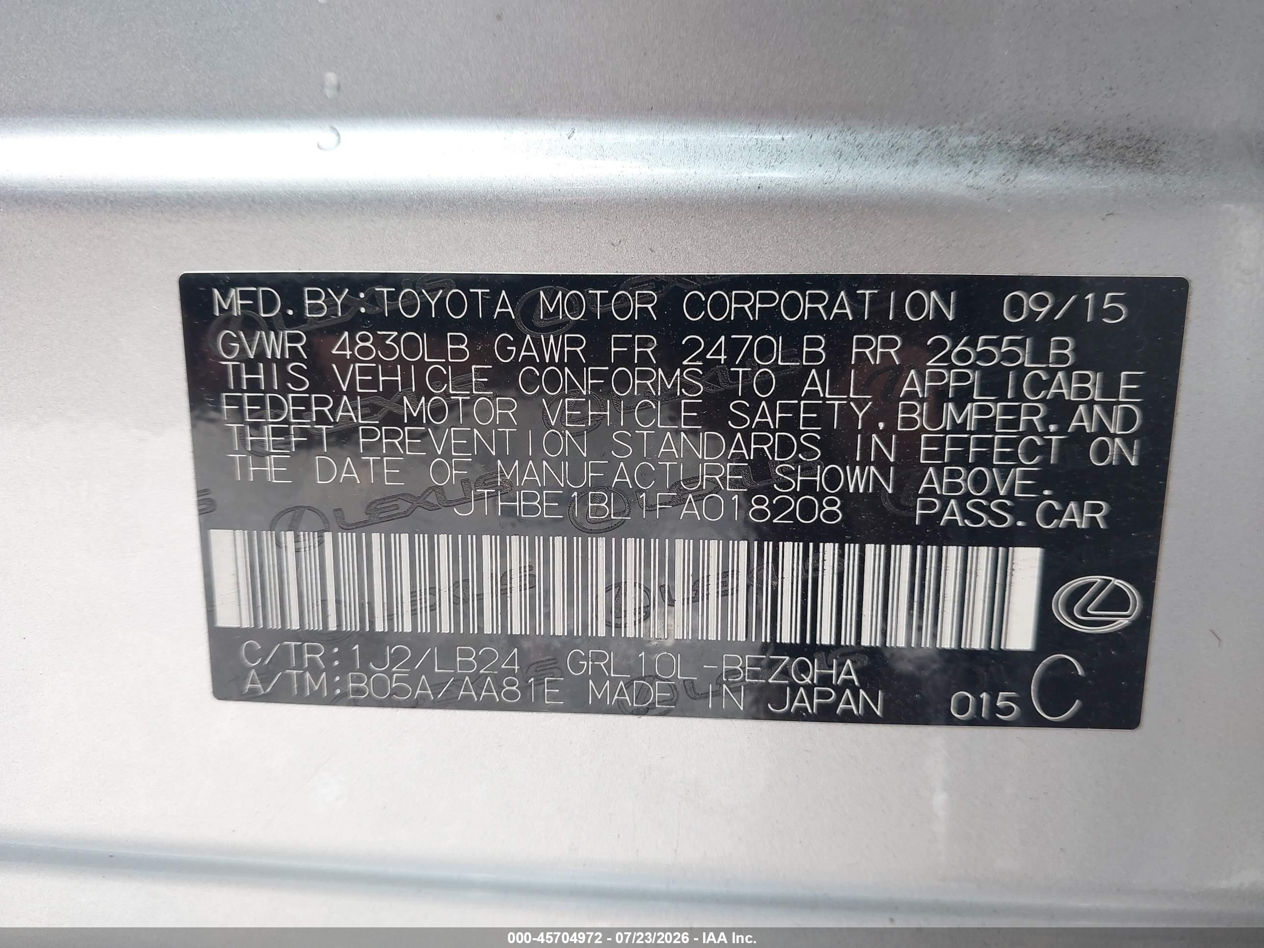2015 Lexus Gs 350   Silver vin: JTHBE1BL1FA018208