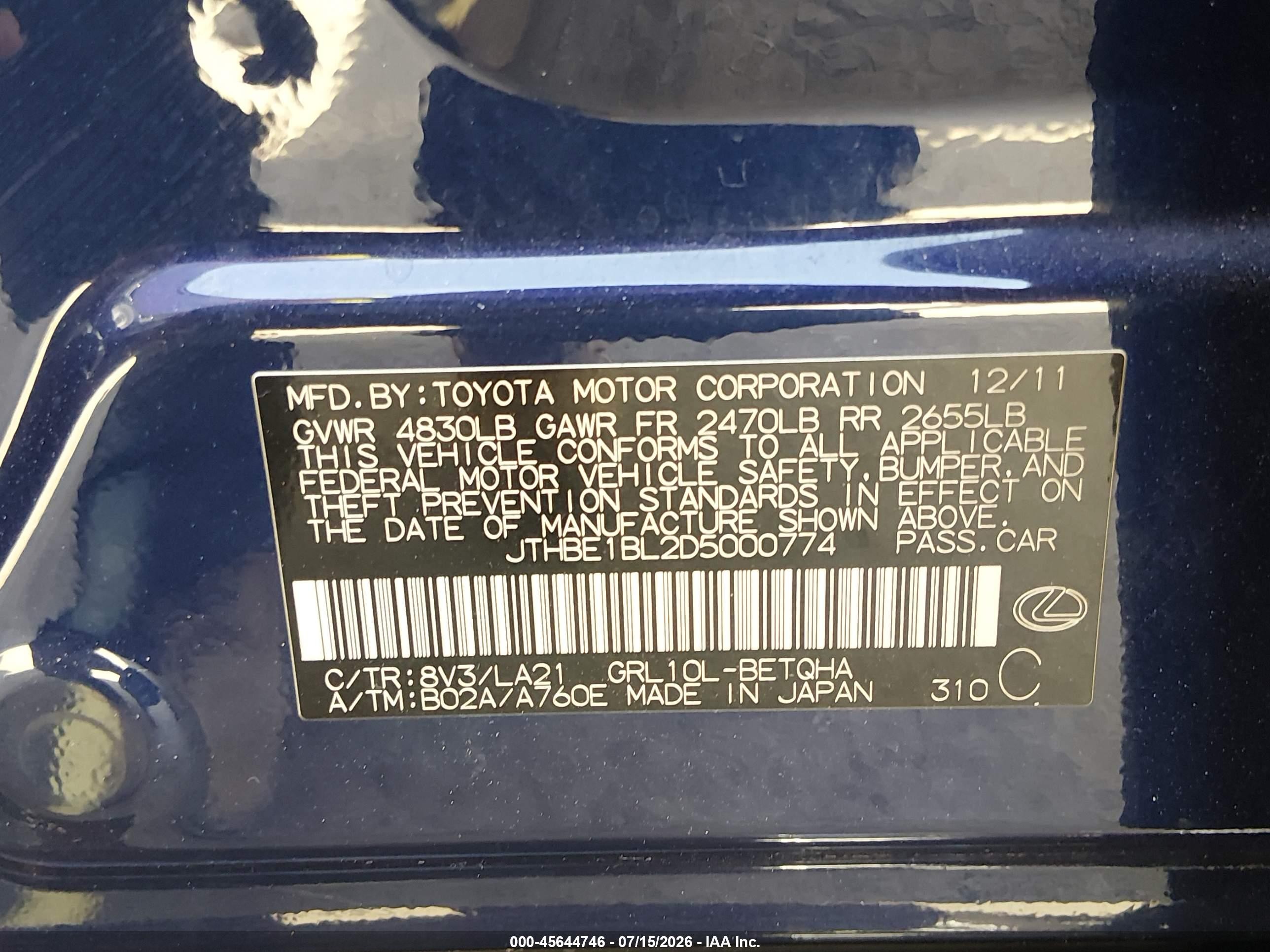 2013 Lexus Gs 350   Blue vin: JTHBE1BL2D5000774