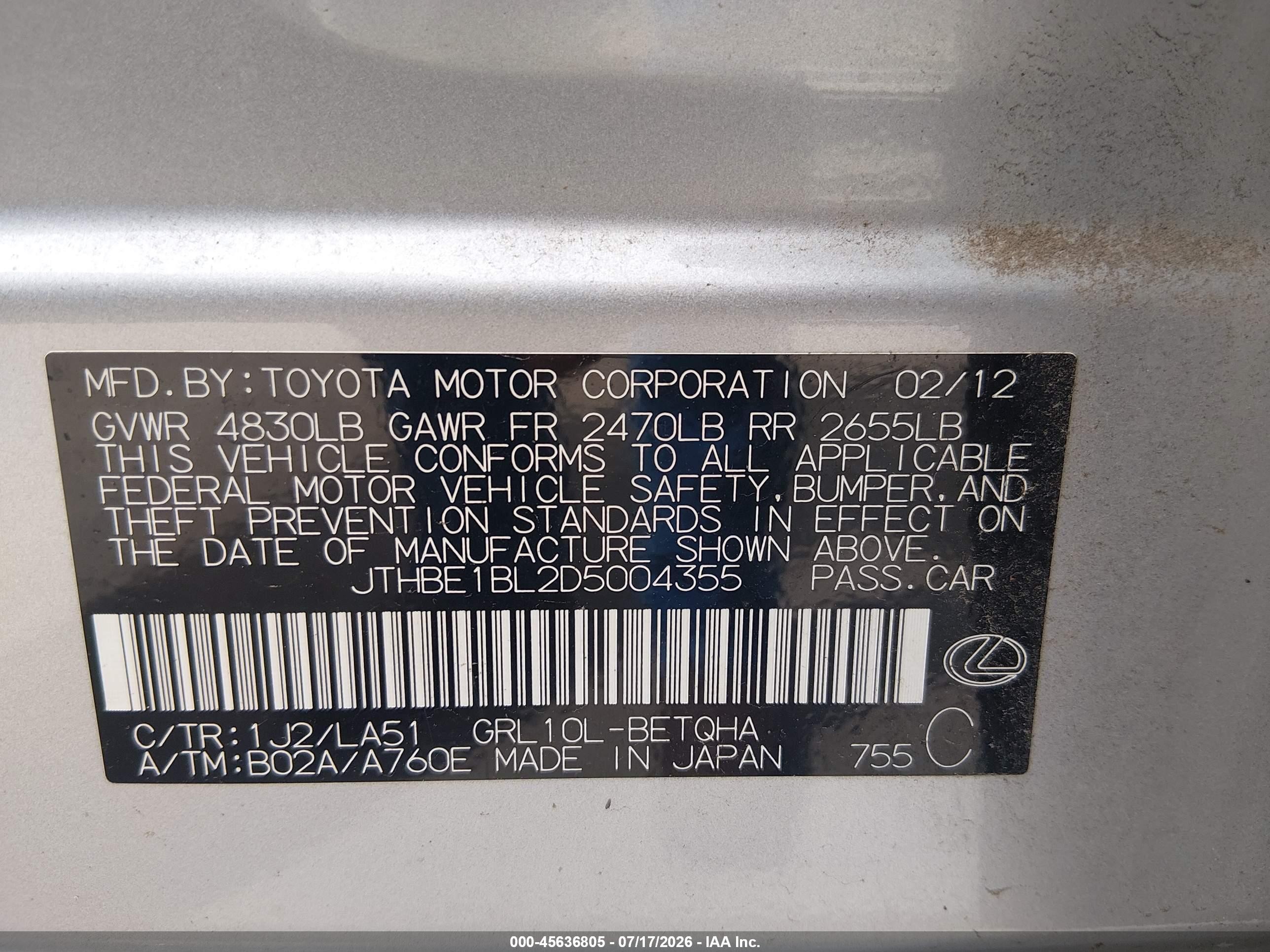 2013 Lexus Gs 350   Gray vin: JTHBE1BL2D5004355