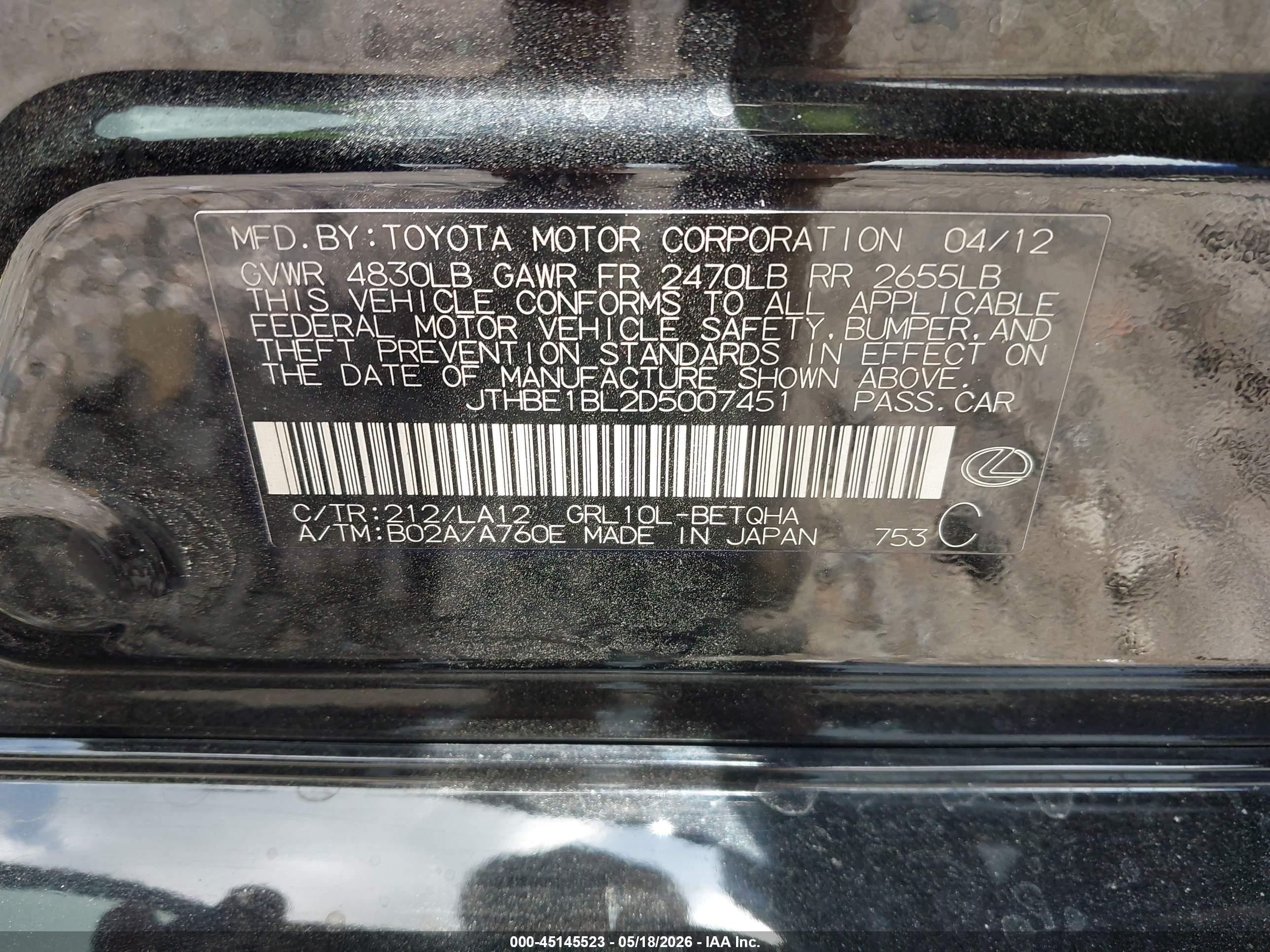 2013 Lexus Gs 350   Black vin: JTHBE1BL2D5007451