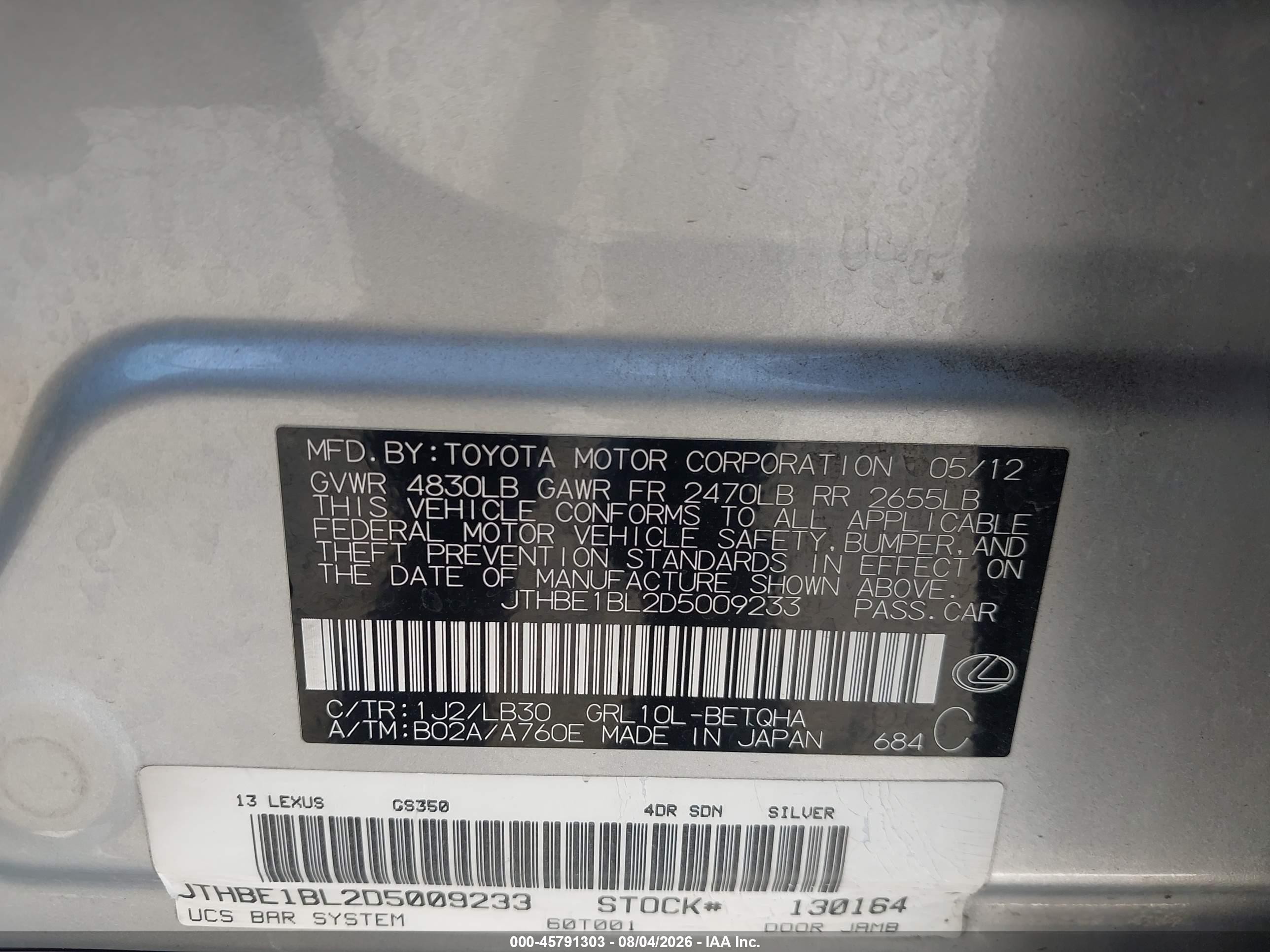 2013 Lexus Gs 350   Silver vin: JTHBE1BL2D5009233