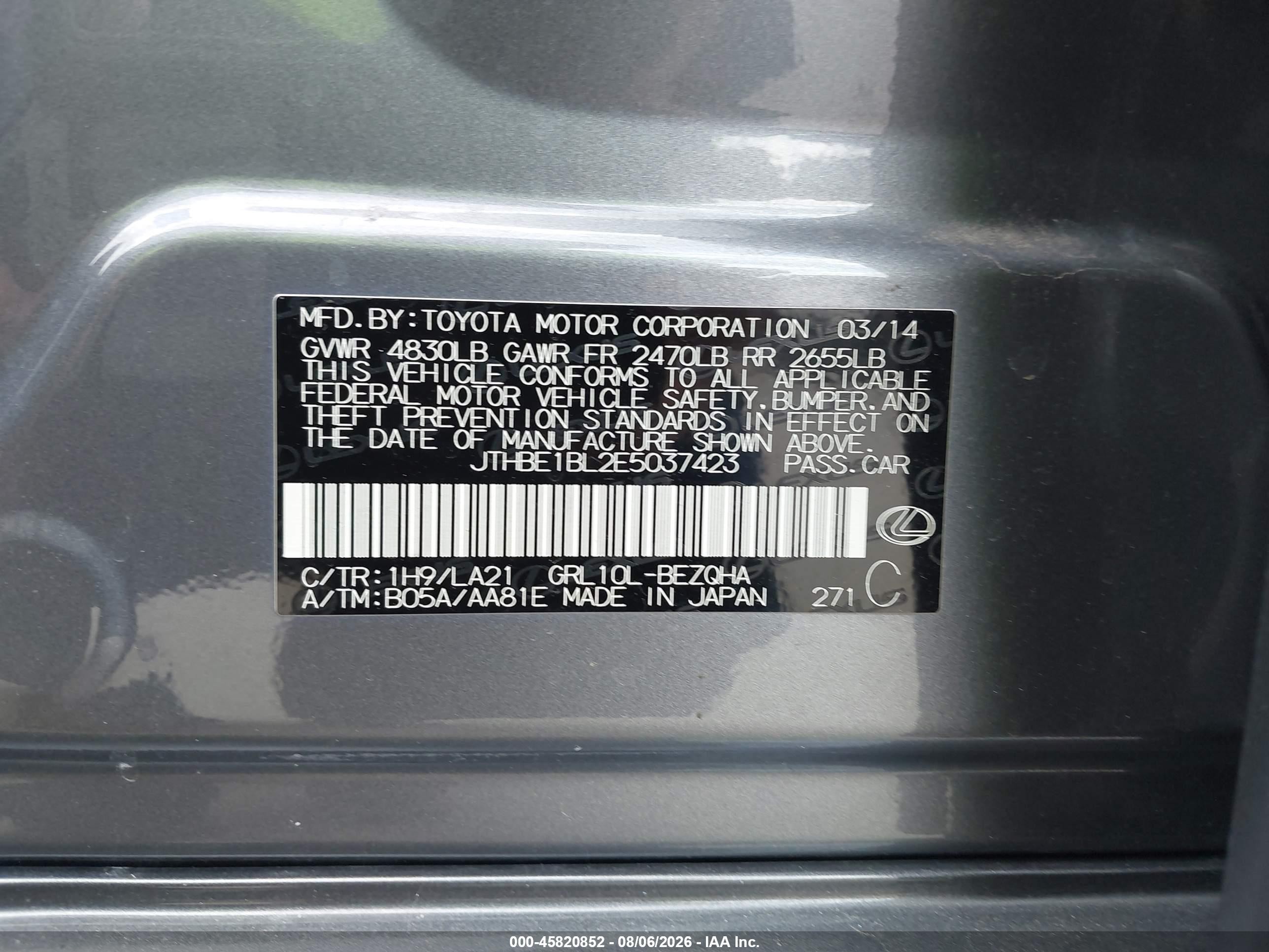 2014 Lexus Gs 350   Серый vin: JTHBE1BL2E5037423