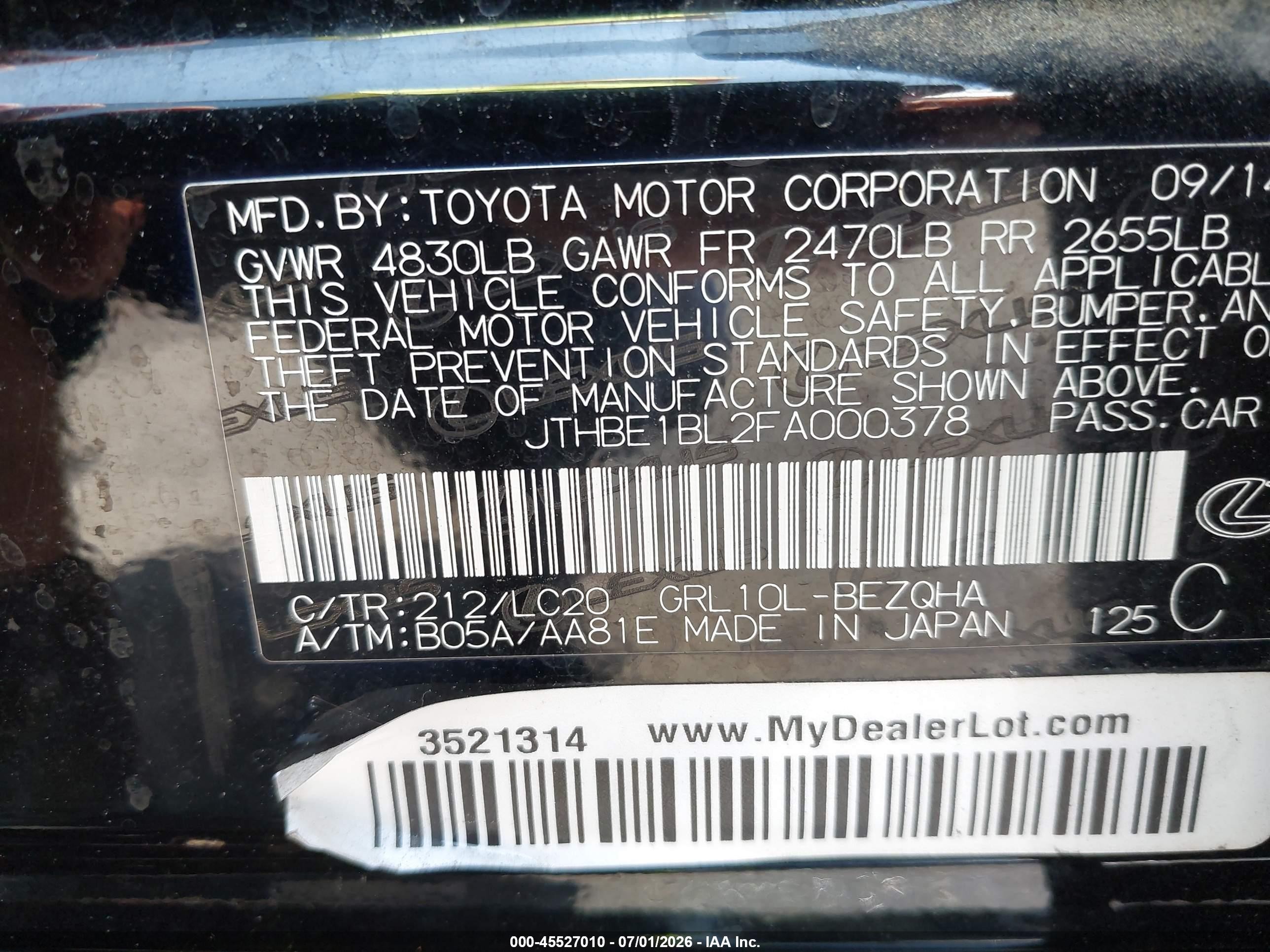 2015 Lexus Gs 350   Black vin: JTHBE1BL2FA000378