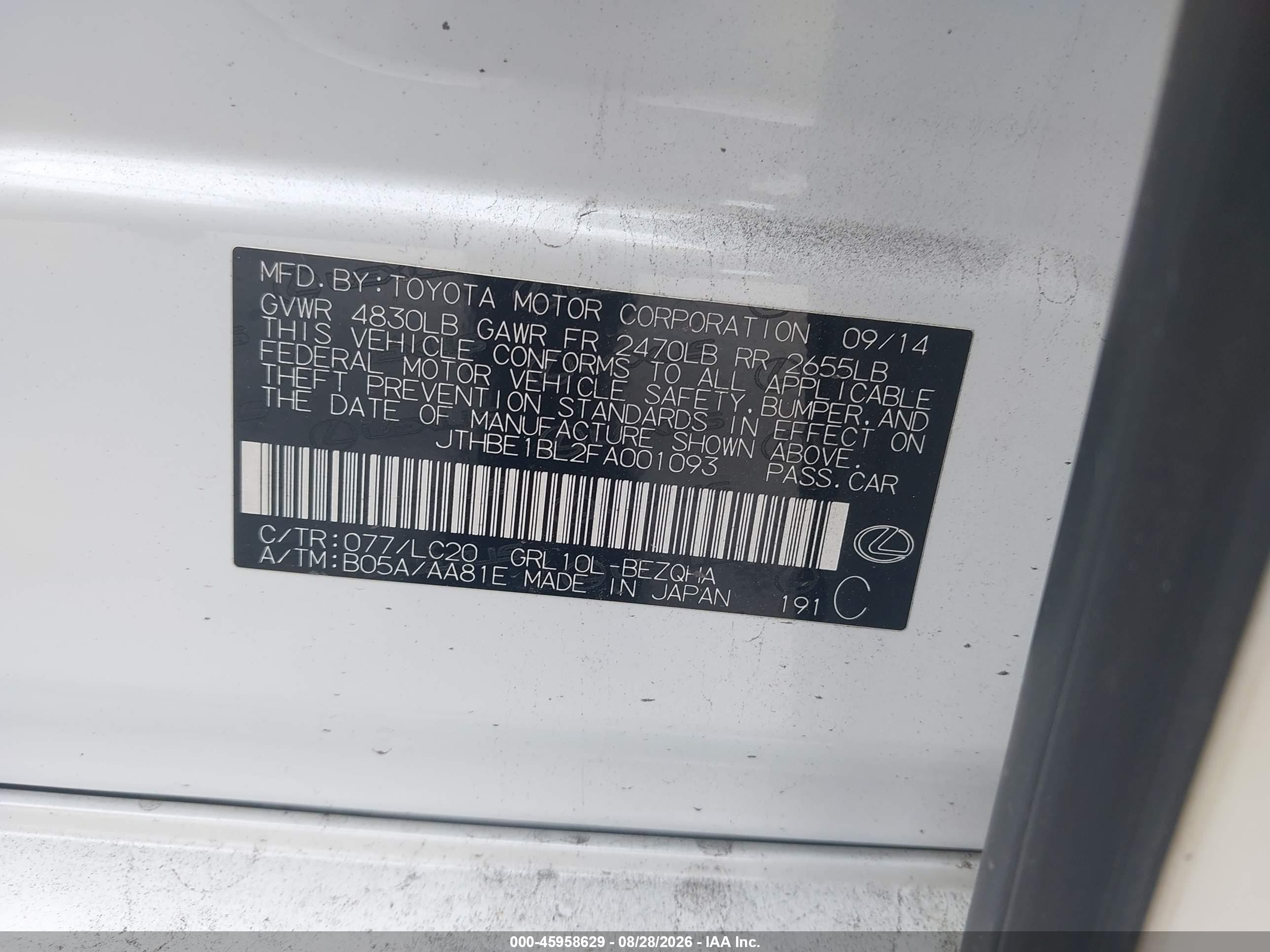 2015 Lexus Gs 350   White vin: JTHBE1BL2FA001093