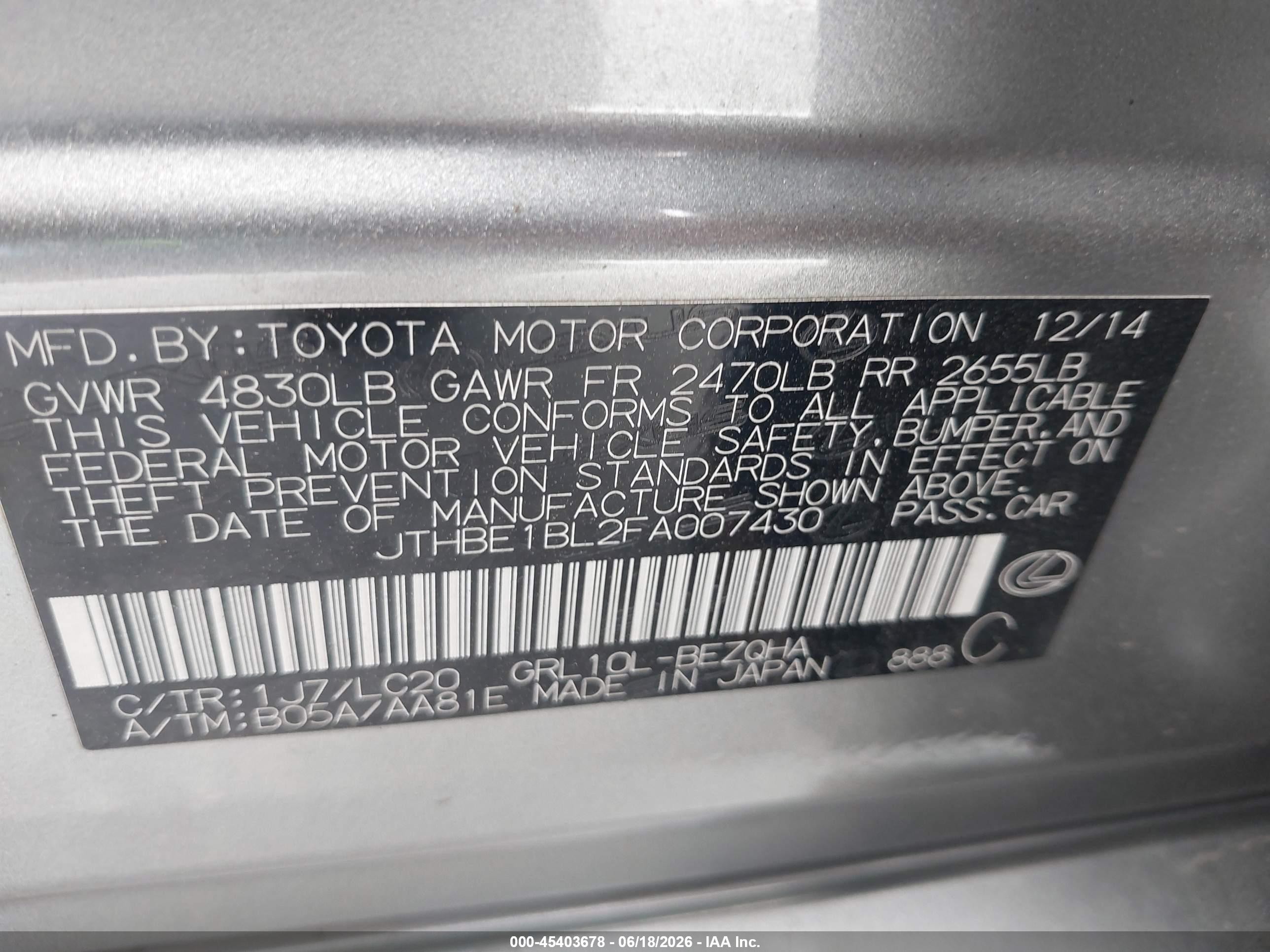 2015 Lexus Gs 350 Silver vin: JTHBE1BL2FA007430
