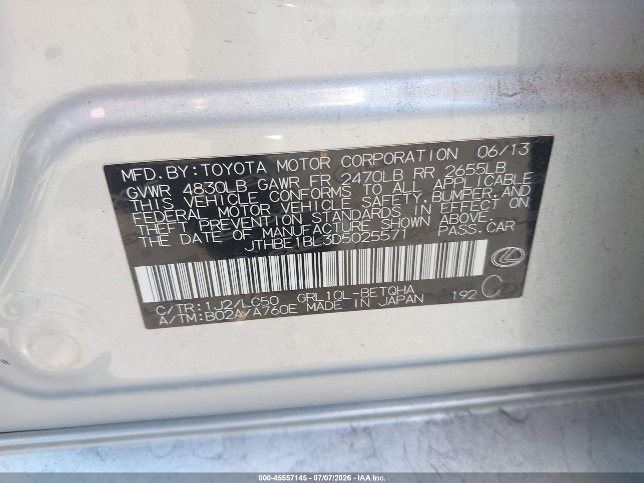 2013 Lexus Gs 350   Серебряный vin: JTHBE1BL3D5025571