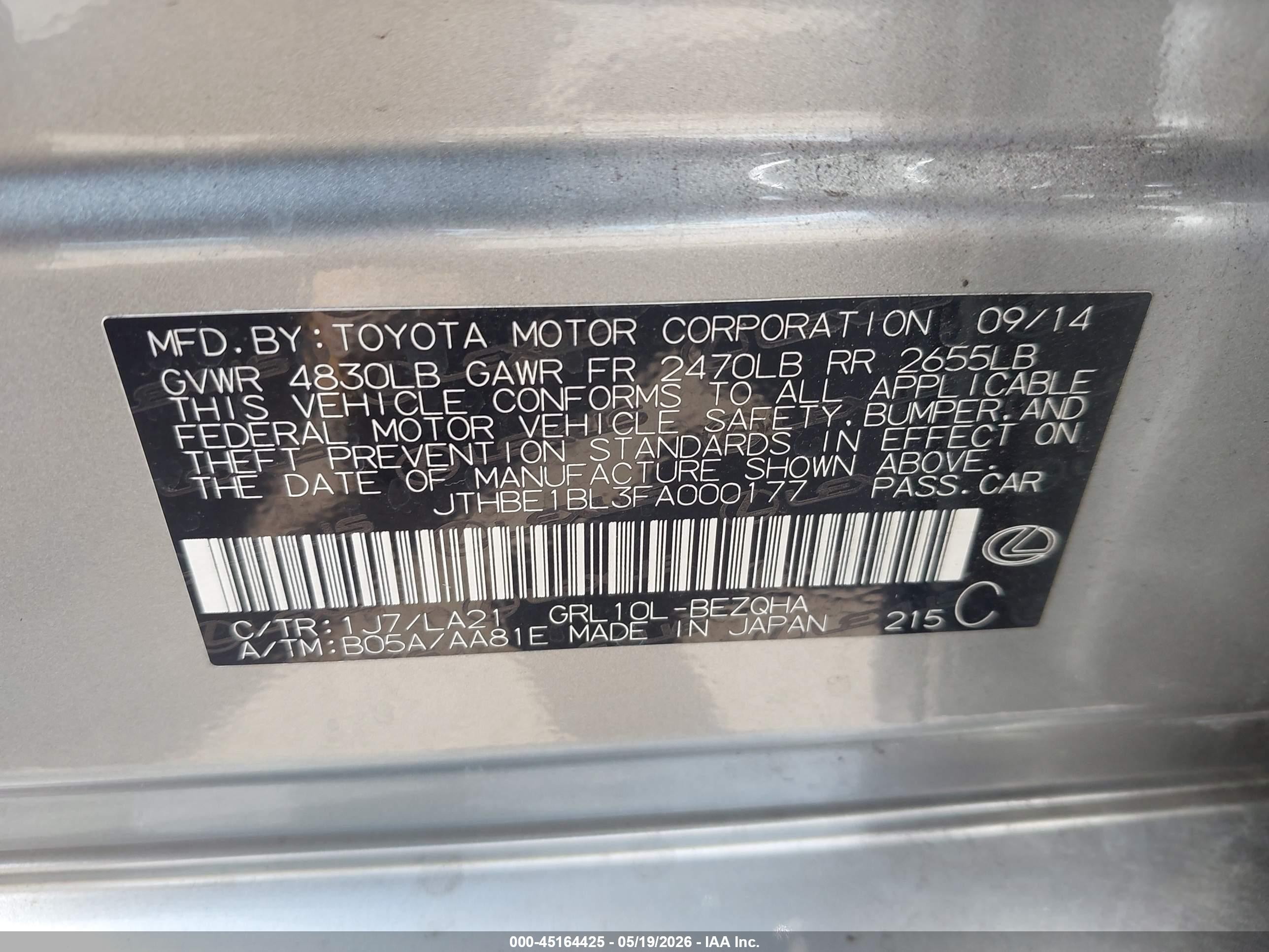 2015 Lexus Gs 350 Crafted Line Silver vin: JTHBE1BL3FA000177