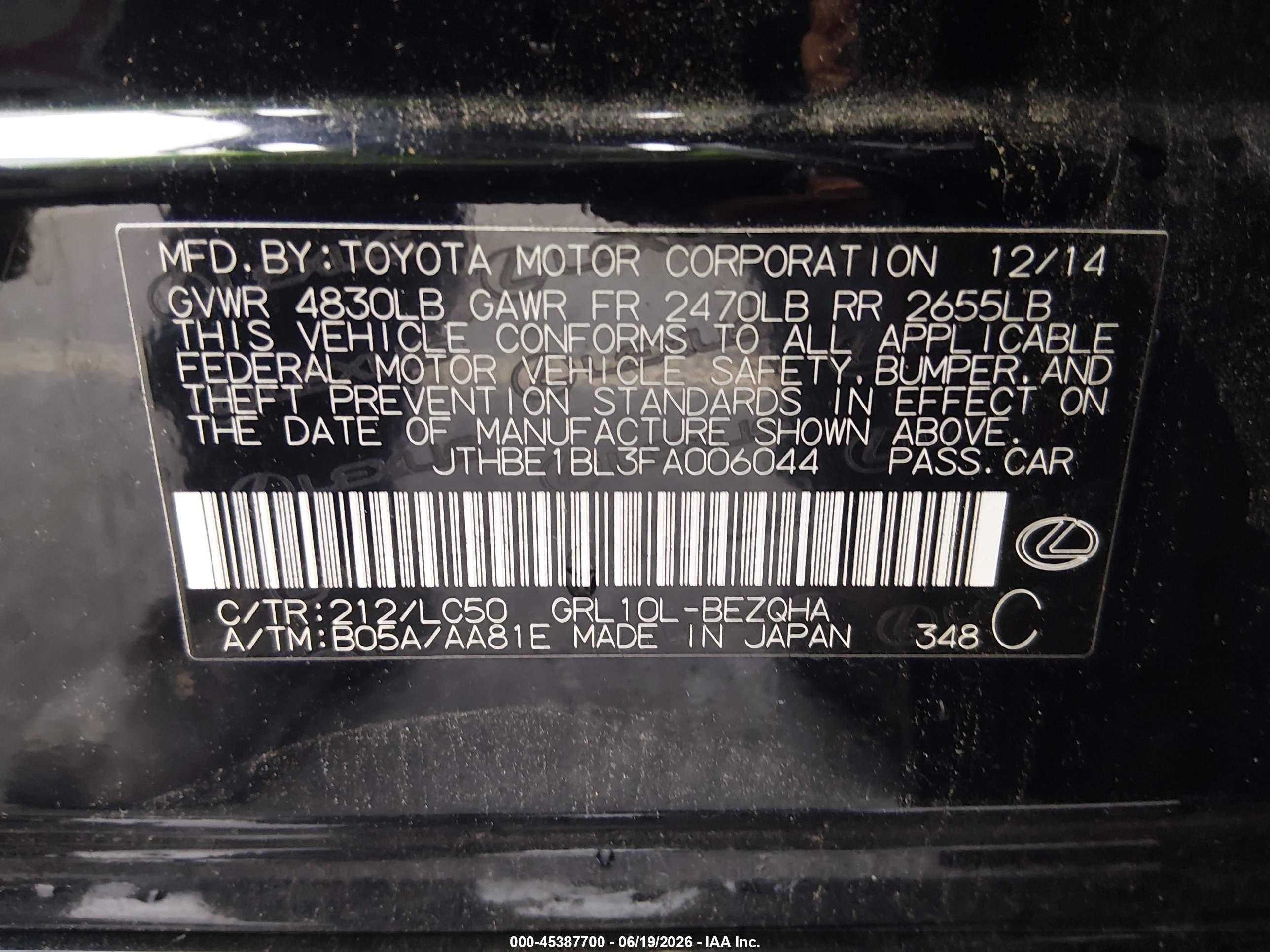 2015 Lexus Gs 350   Black vin: JTHBE1BL3FA006044