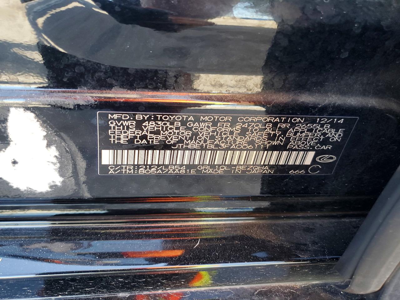 2015 Lexus Gs 350 Черный vin: JTHBE1BL3FA006111