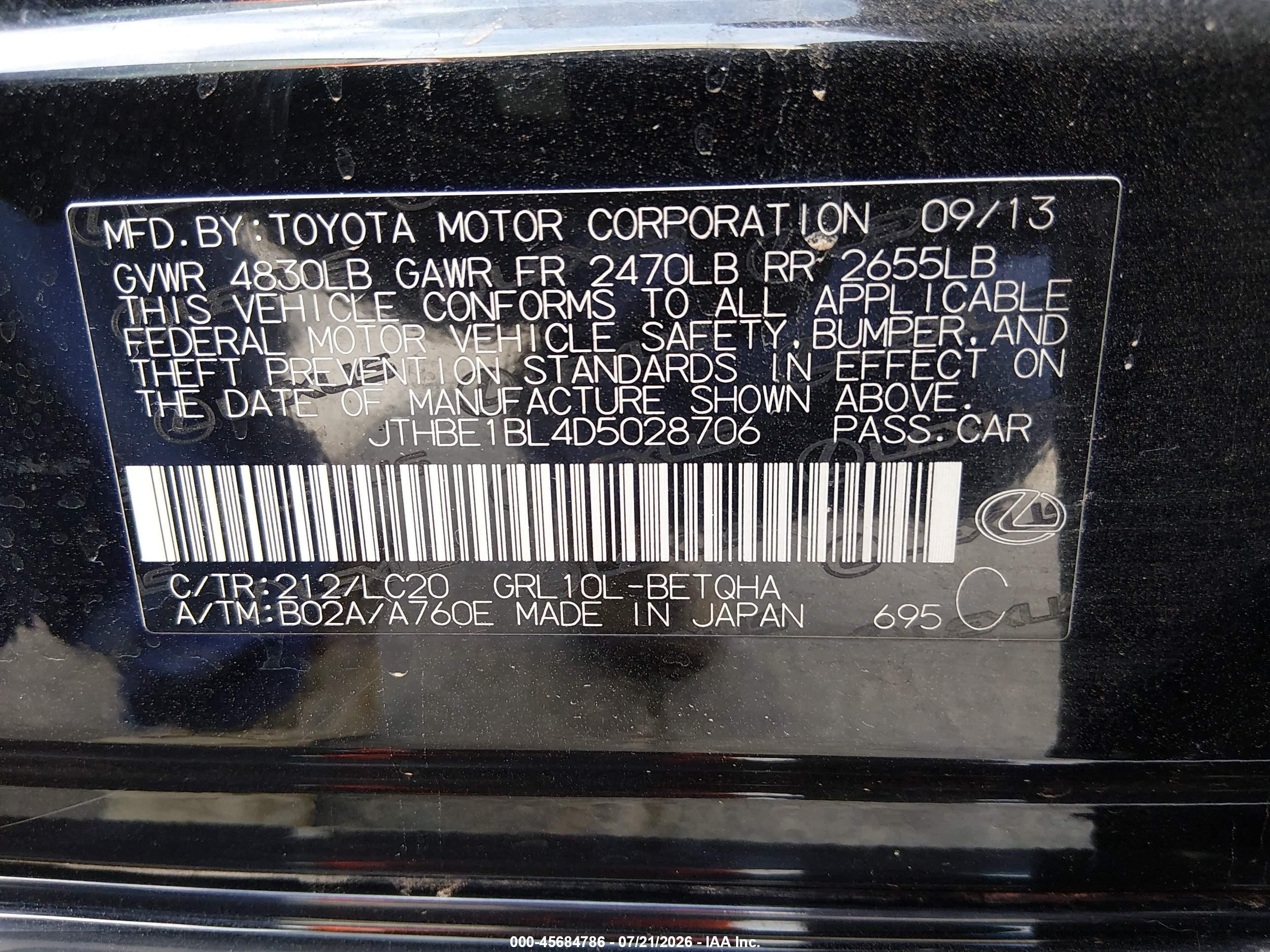 2013 Lexus Gs 350   Black vin: JTHBE1BL4D5028706