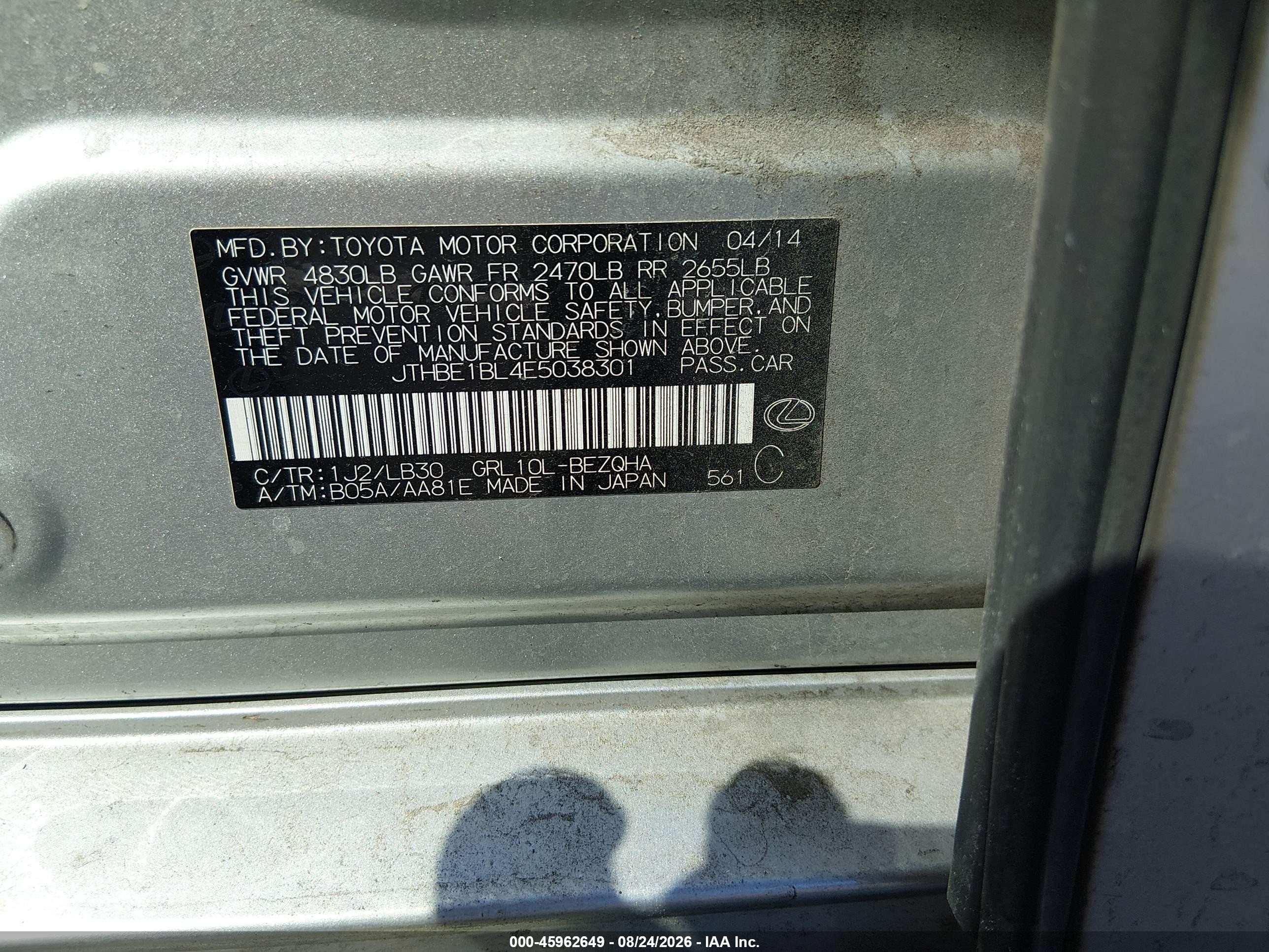 2014 Lexus Gs 350 Gray vin: JTHBE1BL4E5038301