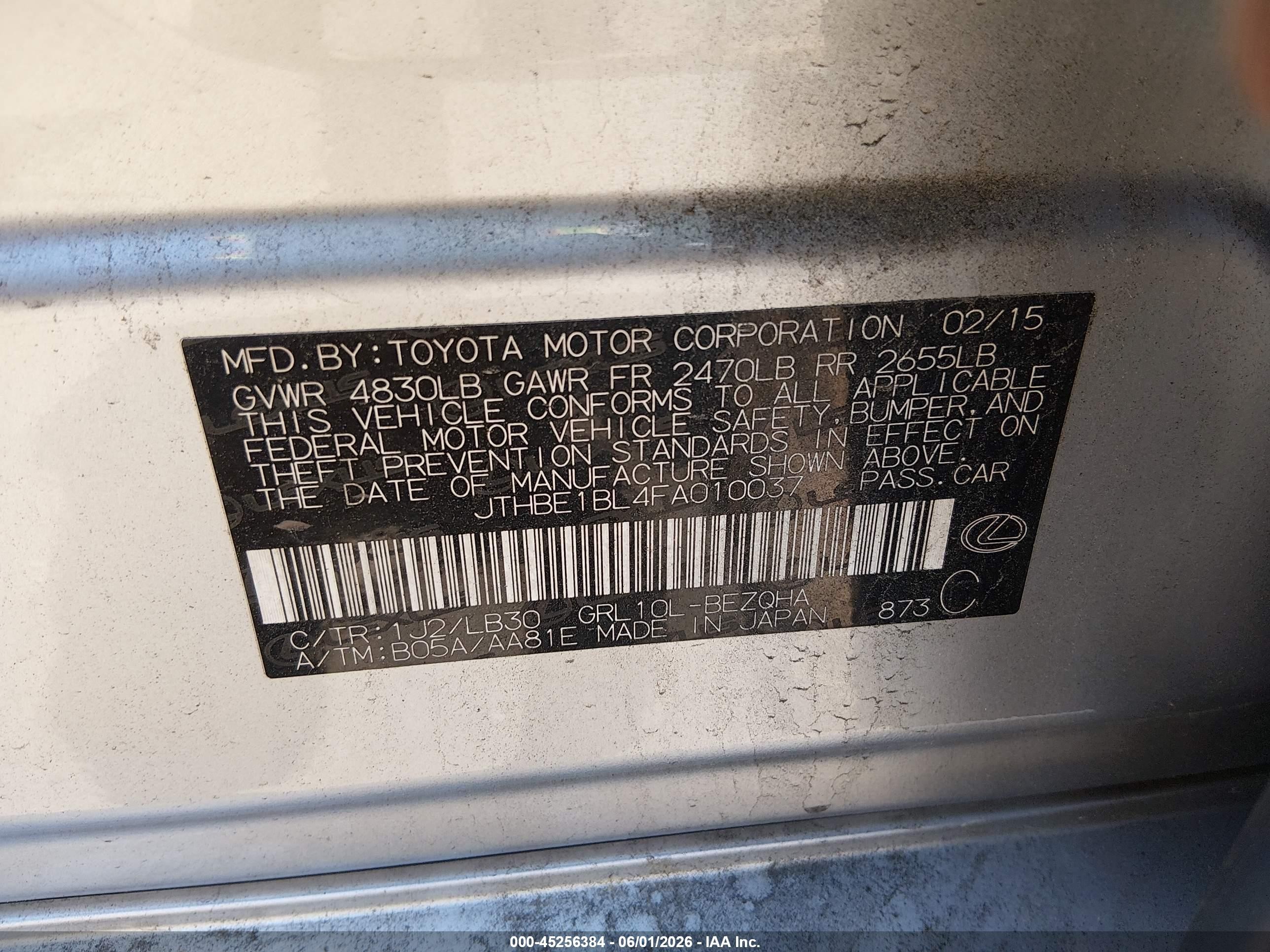 2015 Lexus Gs 350   Silver vin: JTHBE1BL4FA010037