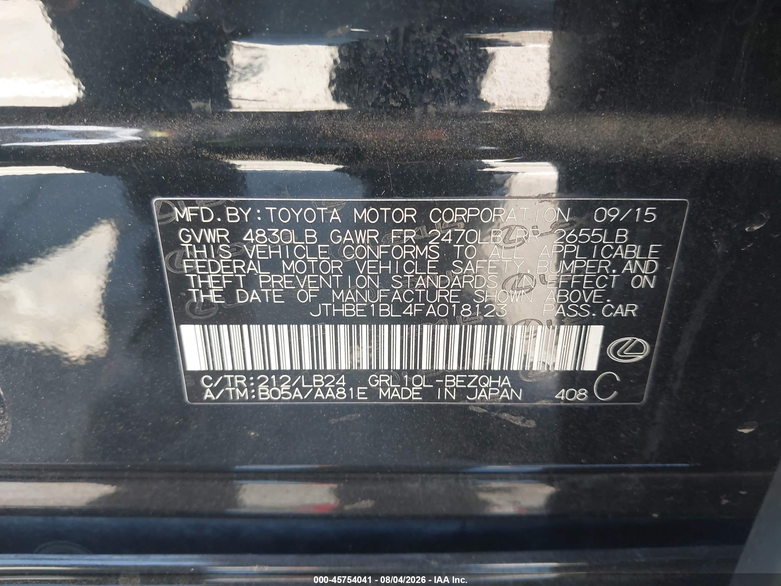 2015 Lexus Gs 350   Black vin: JTHBE1BL4FA018123