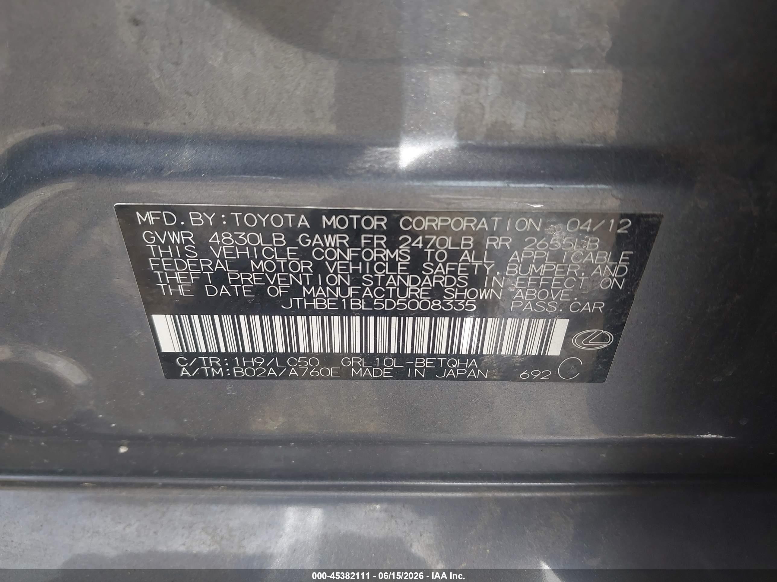2013 Lexus Gs 350   Серый vin: JTHBE1BL5D5008335