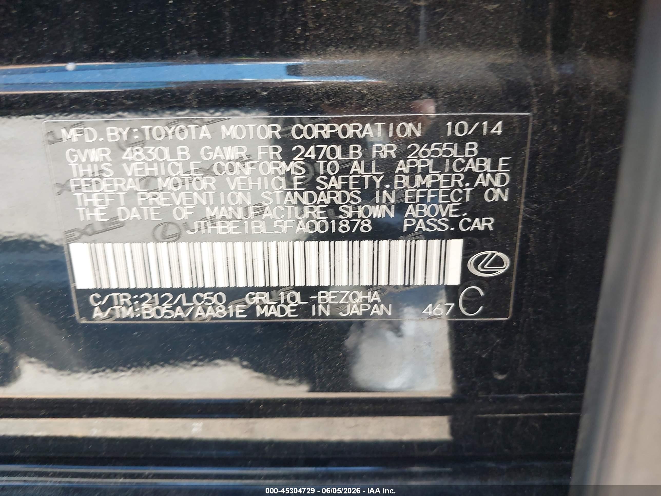 2015 Lexus Gs 350   Black vin: JTHBE1BL5FA001878