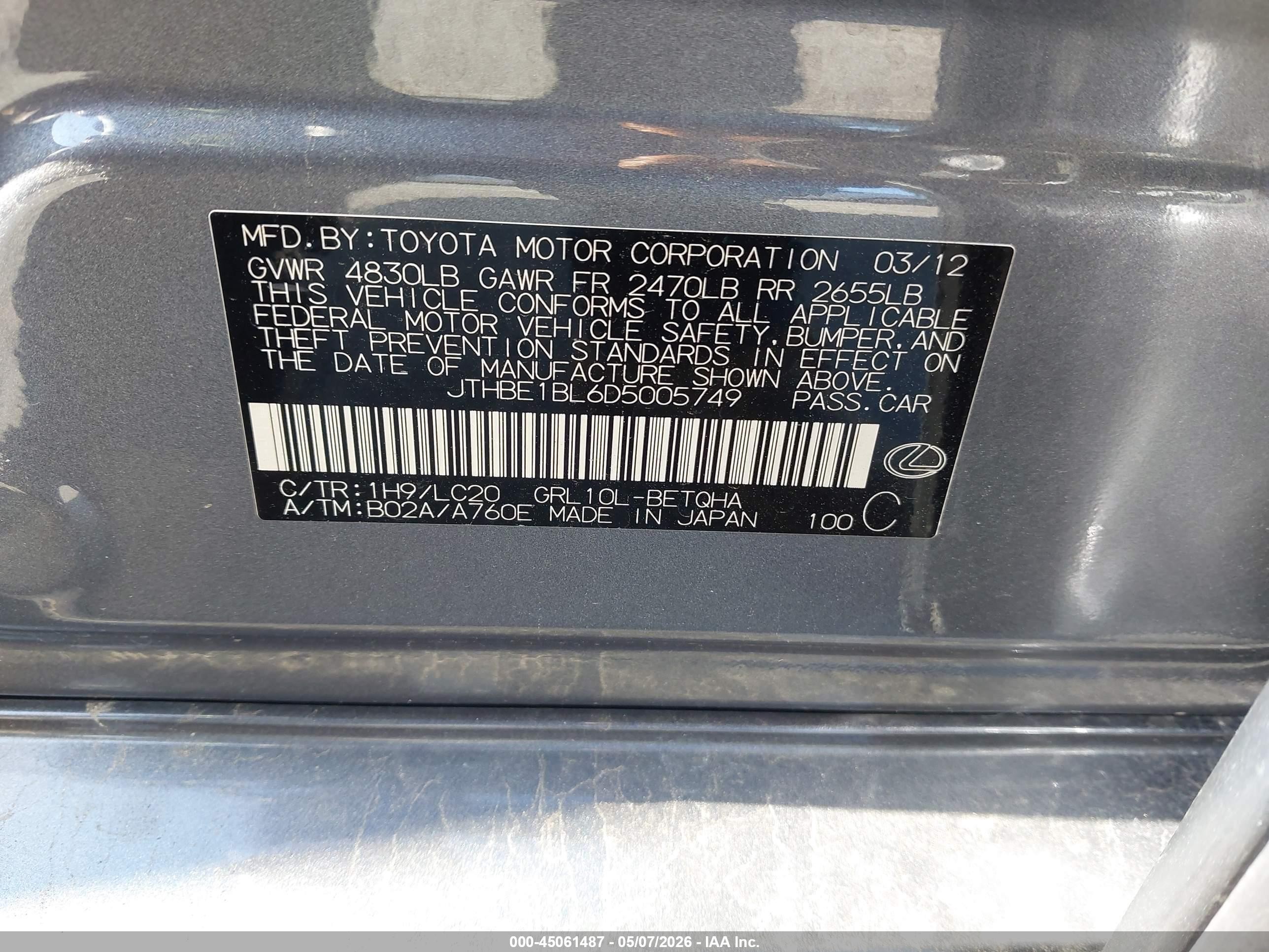 2013 Lexus Gs 350   Серый vin: JTHBE1BL6D5005749