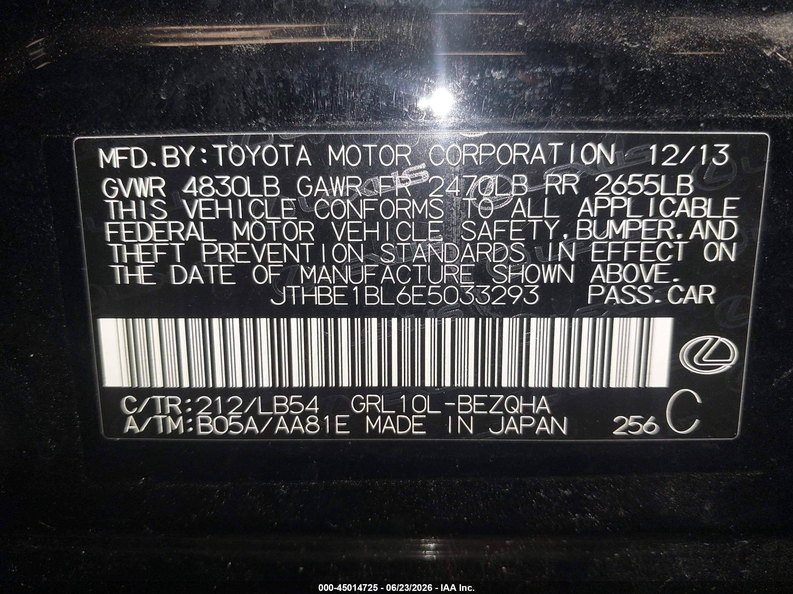 2014 Lexus Gs 350   Black vin: JTHBE1BL6E5033293