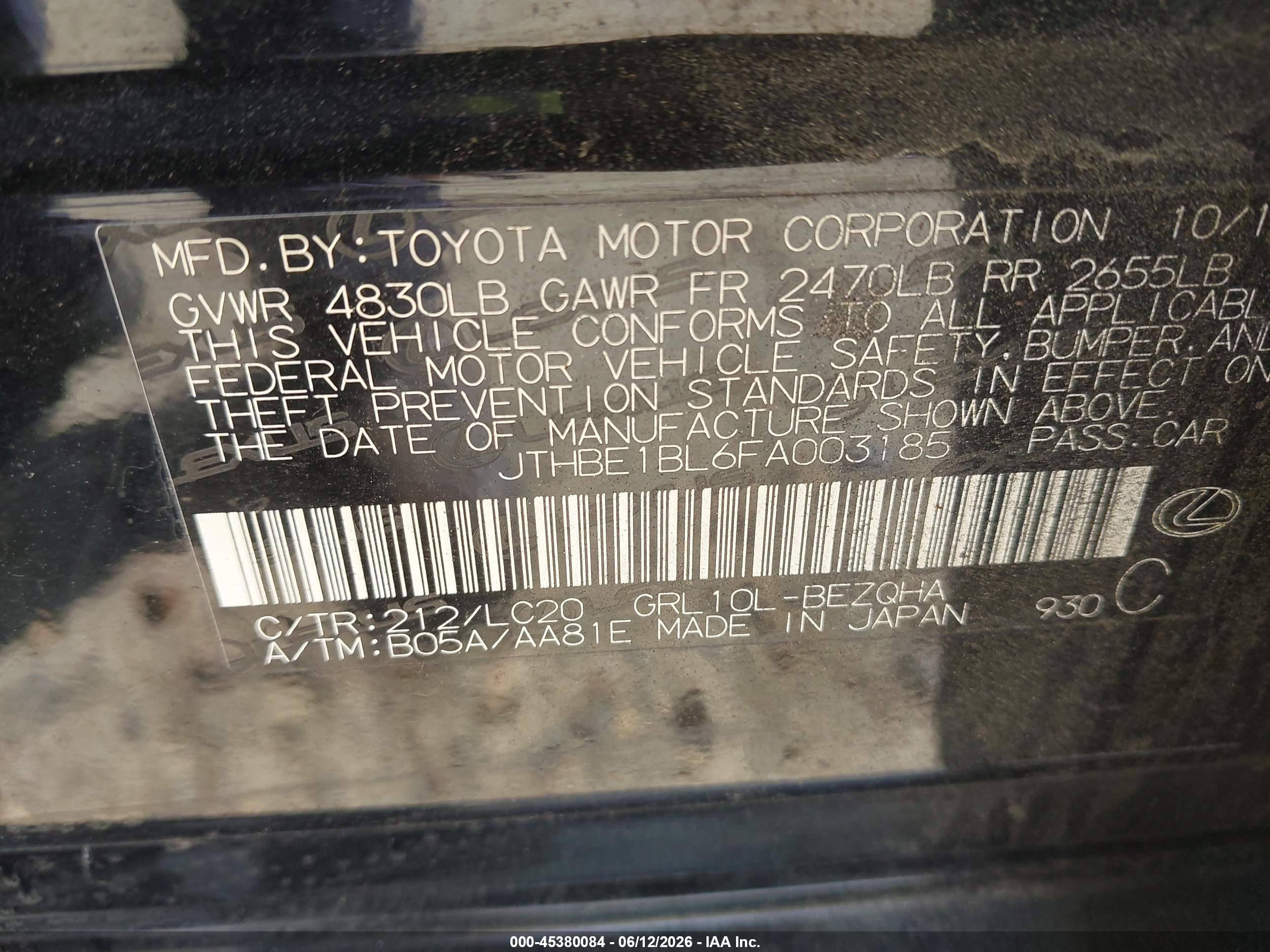 2015 Lexus Gs 350   Black vin: JTHBE1BL6FA003185