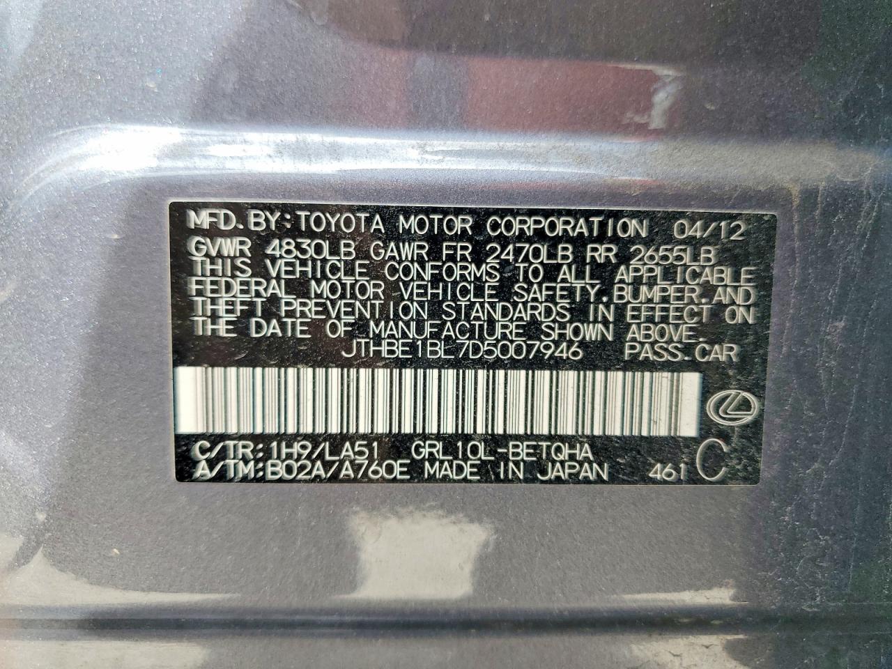 2013 Lexus Gs 350 Gray vin: JTHBE1BL7D5007946