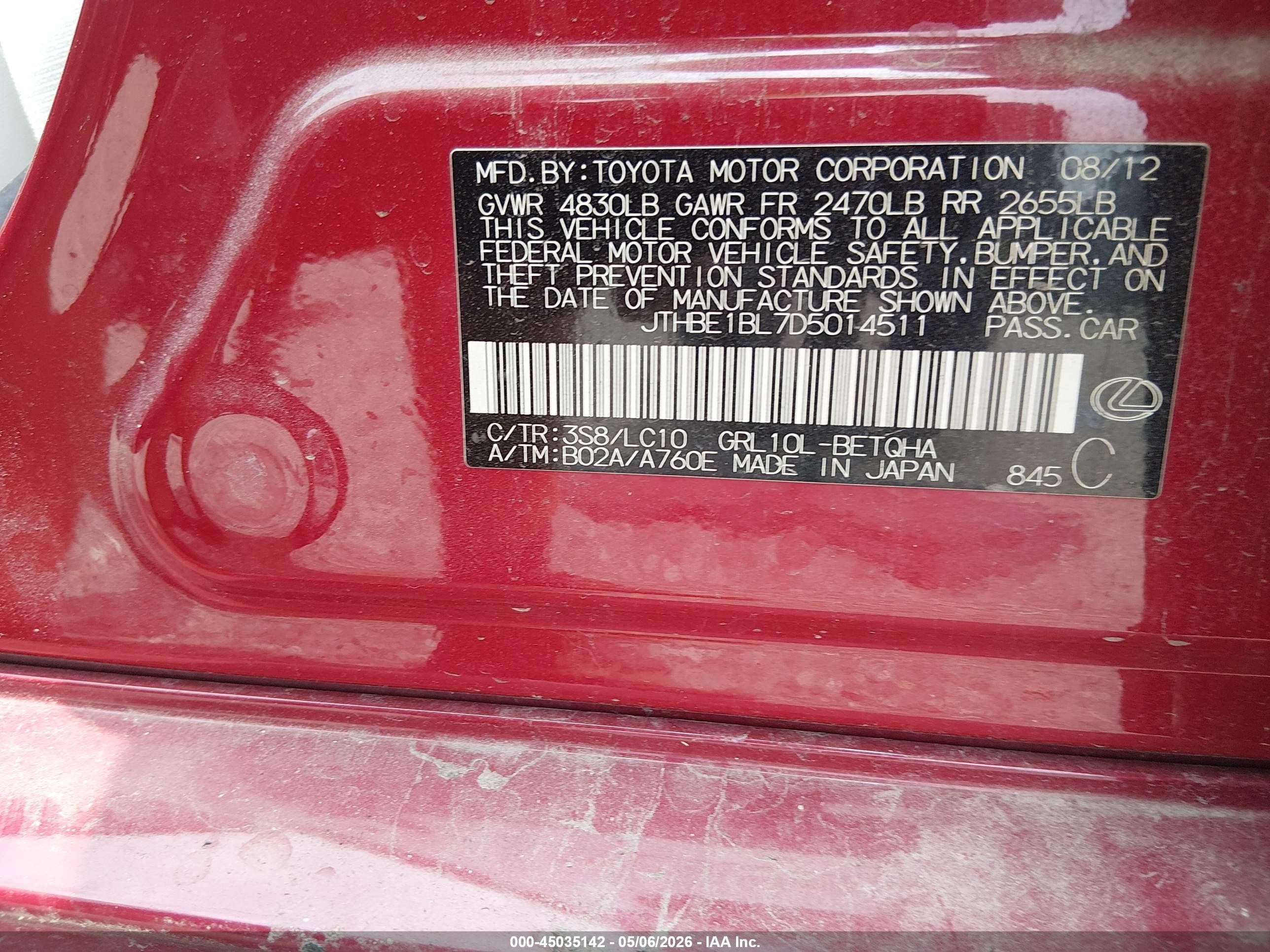 2013 Lexus Gs 350   Red vin: JTHBE1BL7D5014511
