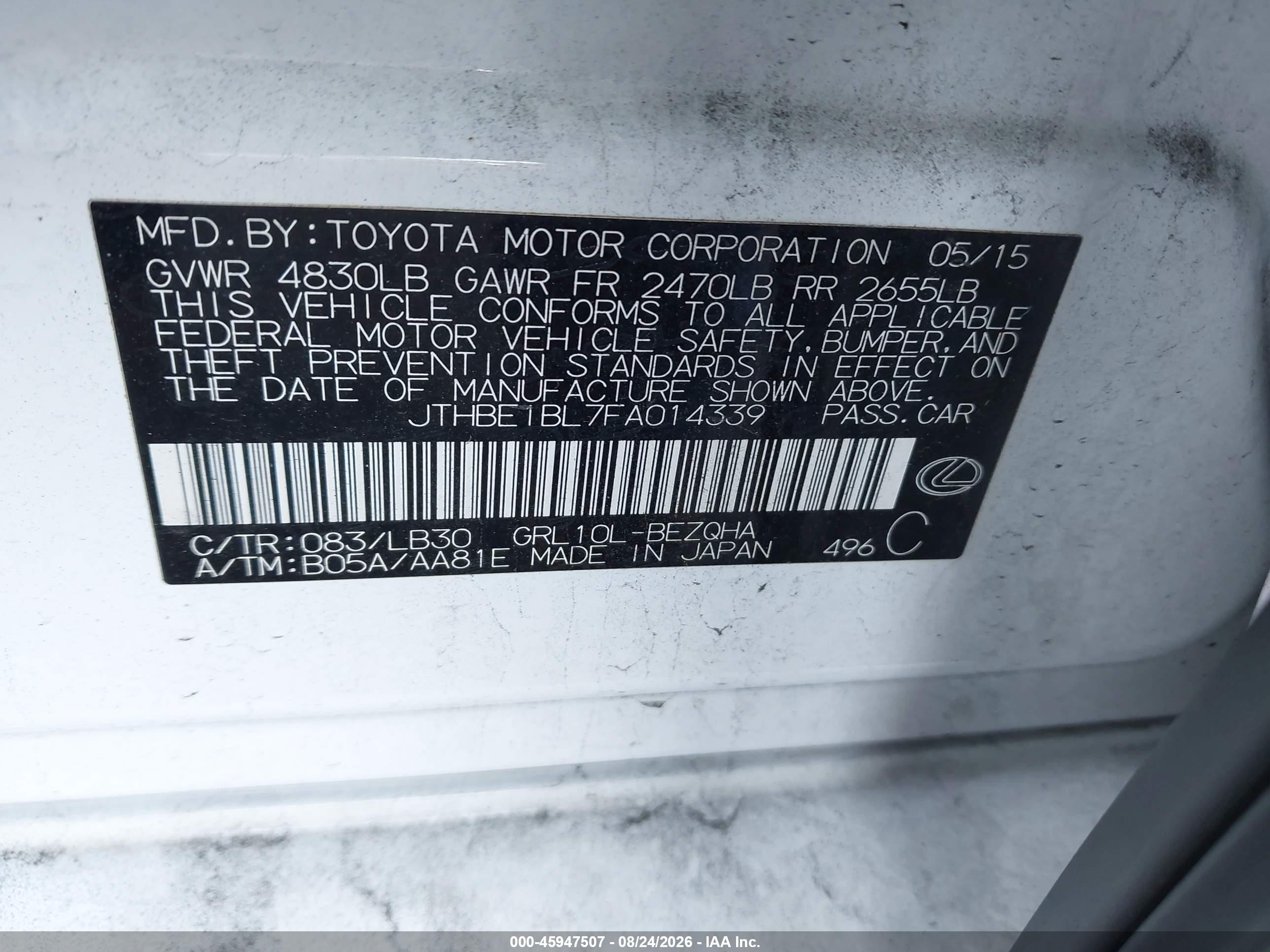 2015 Lexus Gs 350 Белый vin: JTHBE1BL7FA014339