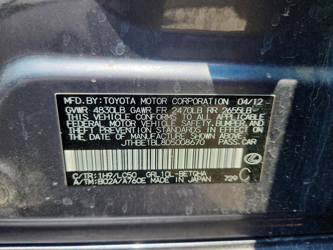 2013 Lexus Gs 350 Charcoal vin: JTHBE1BL8D5008670
