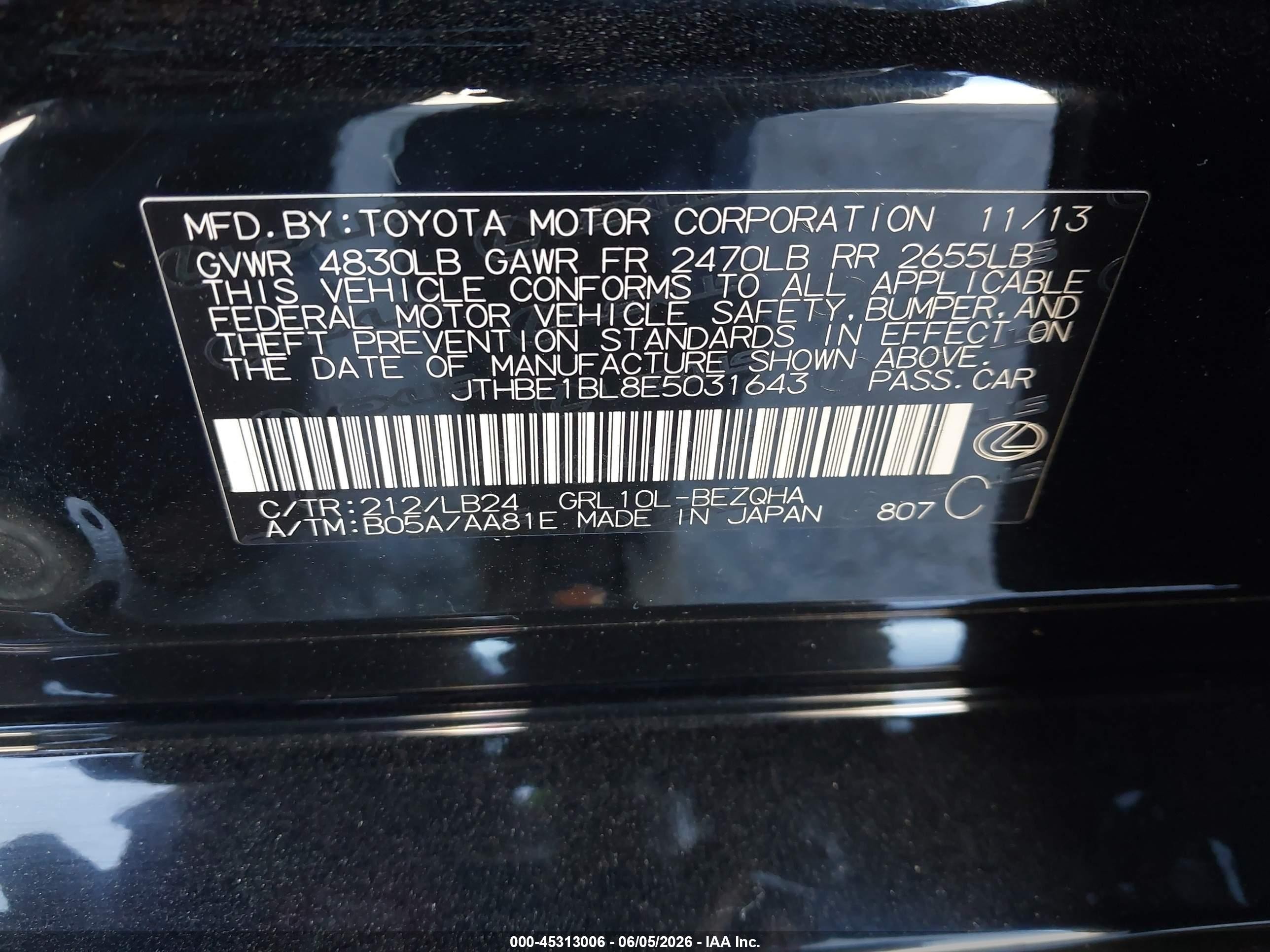 2014 Lexus Gs 350   Black vin: JTHBE1BL8E5031643