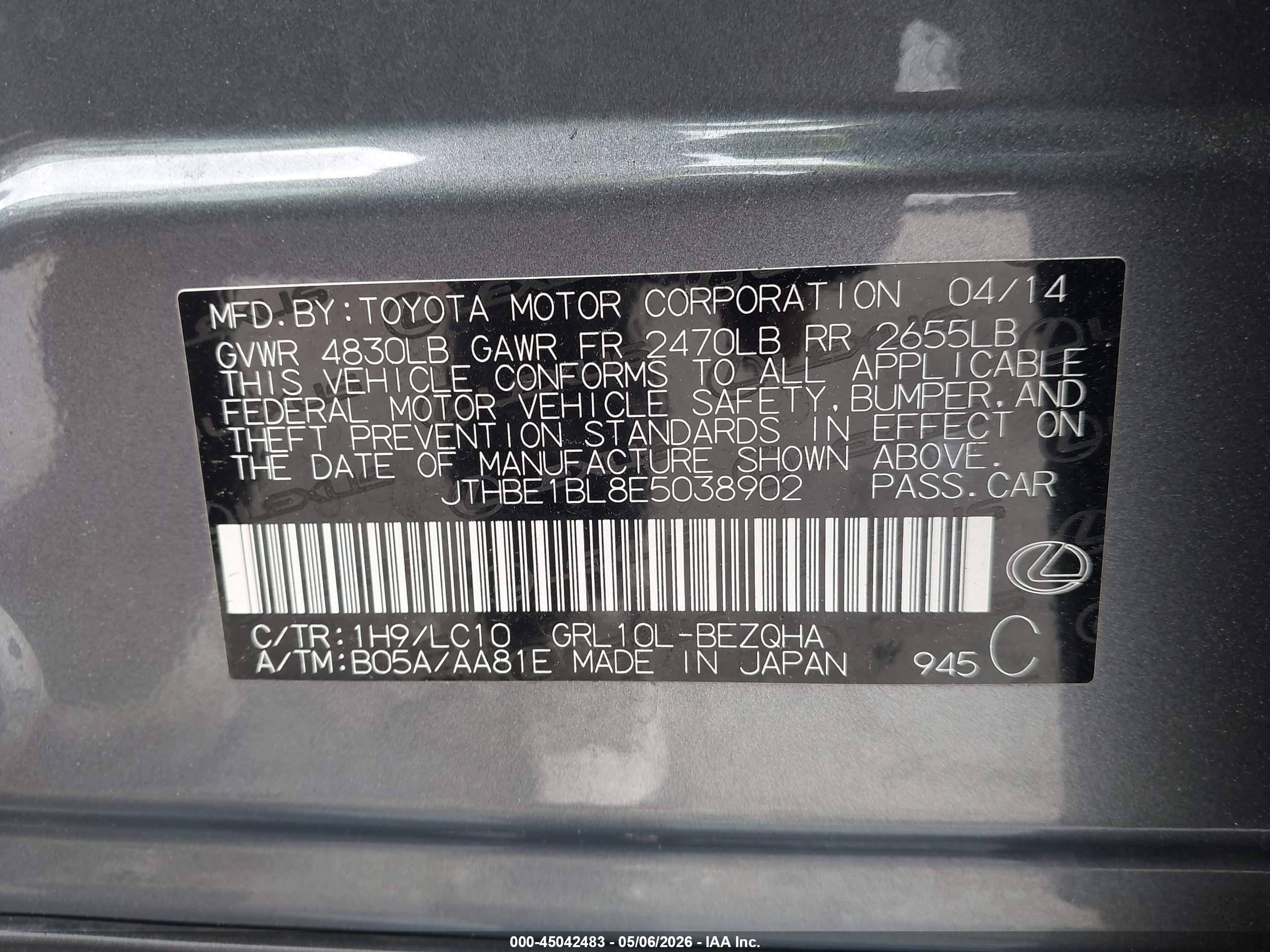 2014 Lexus Gs 350   Gray vin: JTHBE1BL8E5038902