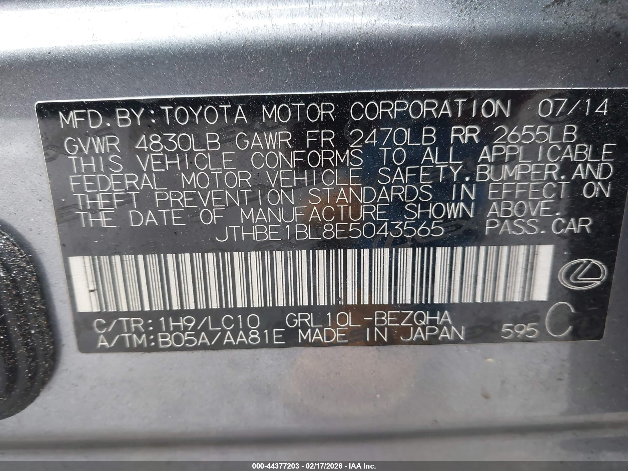 2014 Lexus Gs 350   Gray vin: JTHBE1BL8E5043565