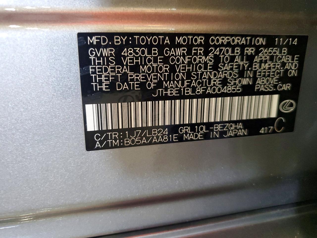 2015 Lexus Gs 350 Серебряный vin: JTHBE1BL8FA004855