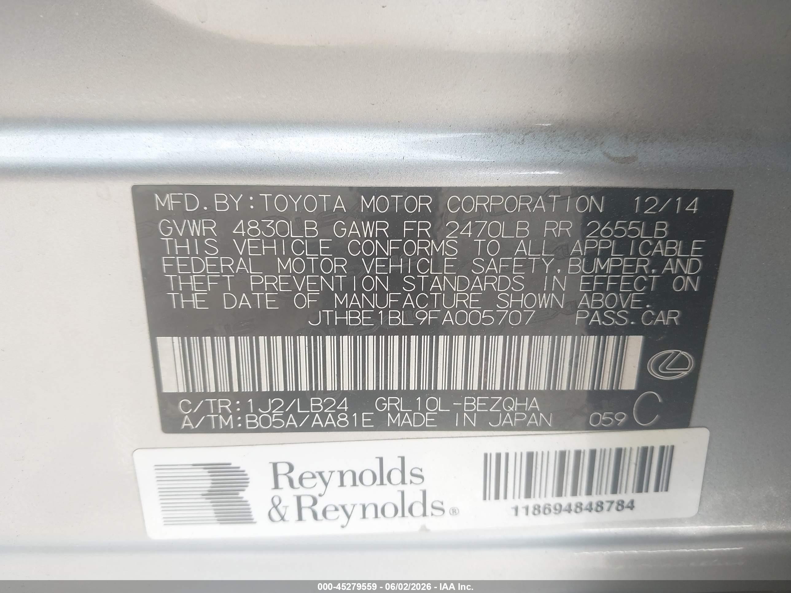 2015 Lexus Gs 350   Silver vin: JTHBE1BL9FA005707