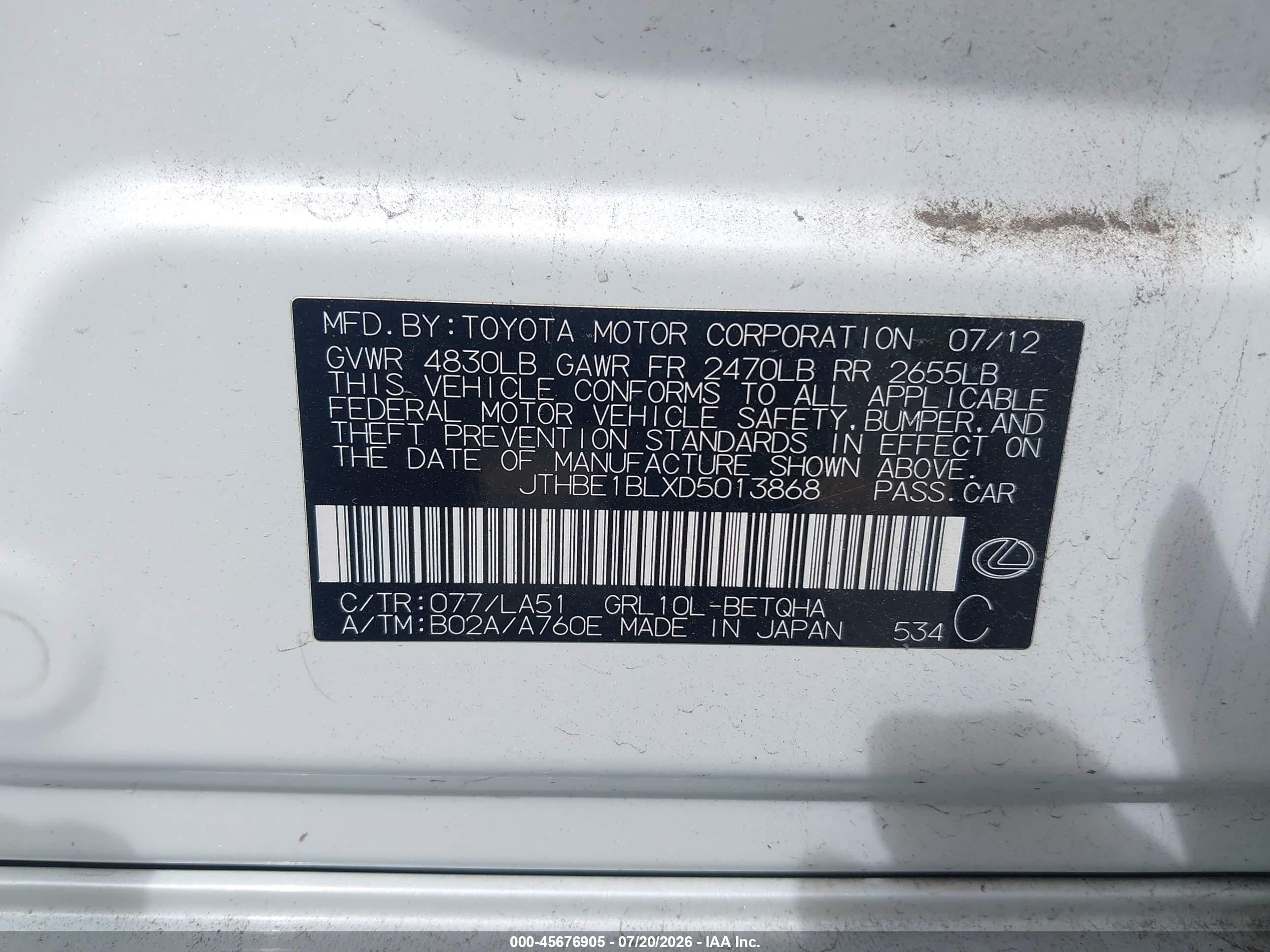 2013 Lexus Gs 350   White vin: JTHBE1BLXD5013868