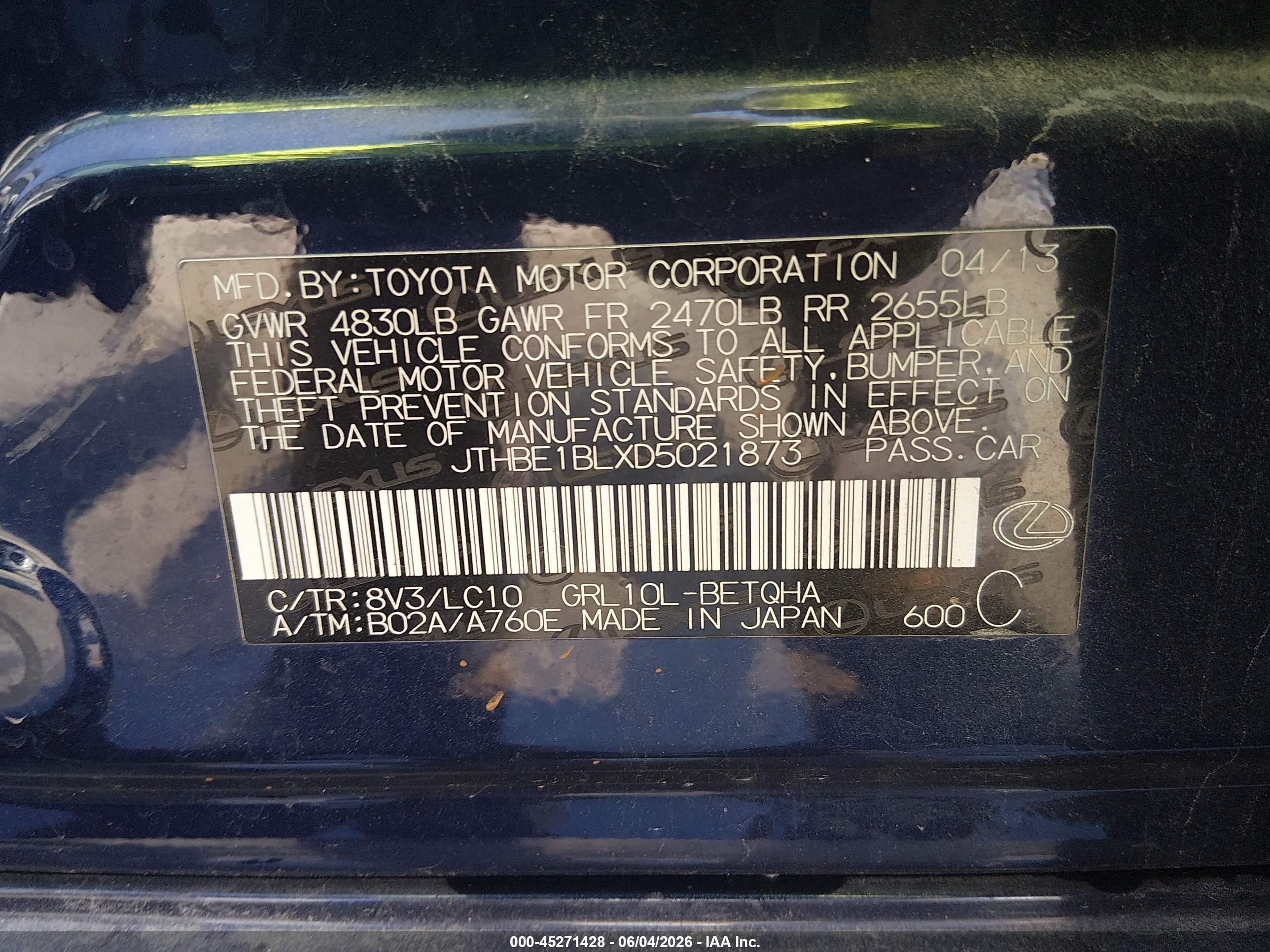 2013 Lexus Gs 350   Blue vin: JTHBE1BLXD5021873