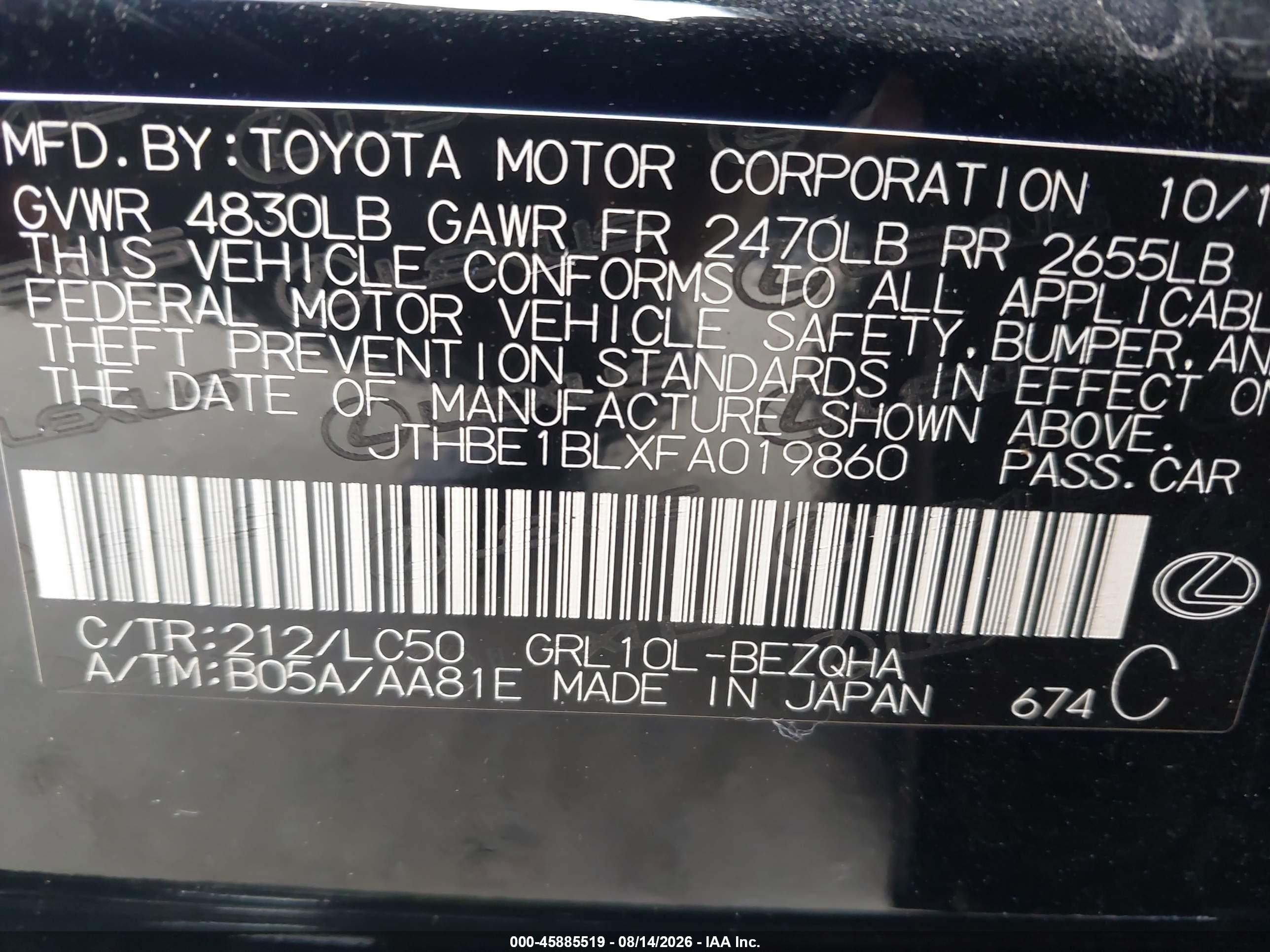 2015 Lexus Gs 350 Черный vin: JTHBE1BLXFA019860