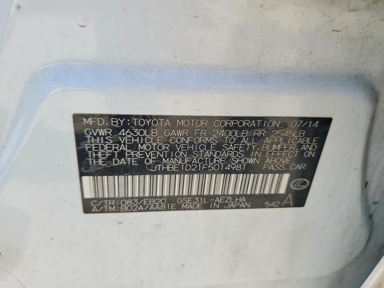 2015 Lexus Is 350 White vin: JTHBE1D21F5014981