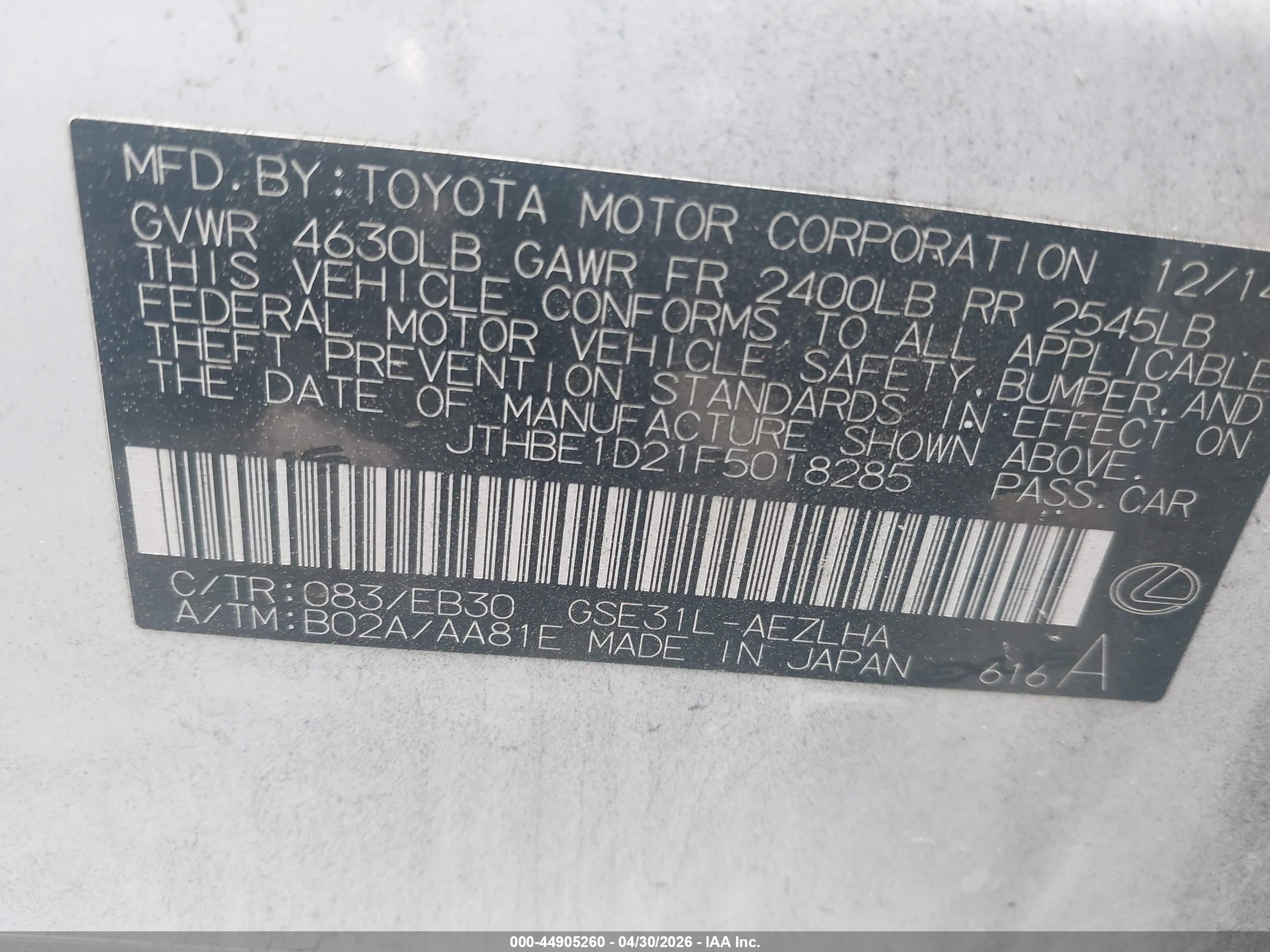 2015 Lexus Is 350   White vin: JTHBE1D21F5018285