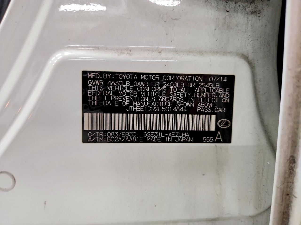 2015 Lexus Is 350 White vin: JTHBE1D22F5014844