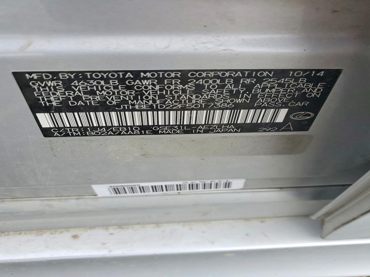 2015 Lexus Is 350 Silver vin: JTHBE1D22F5017386