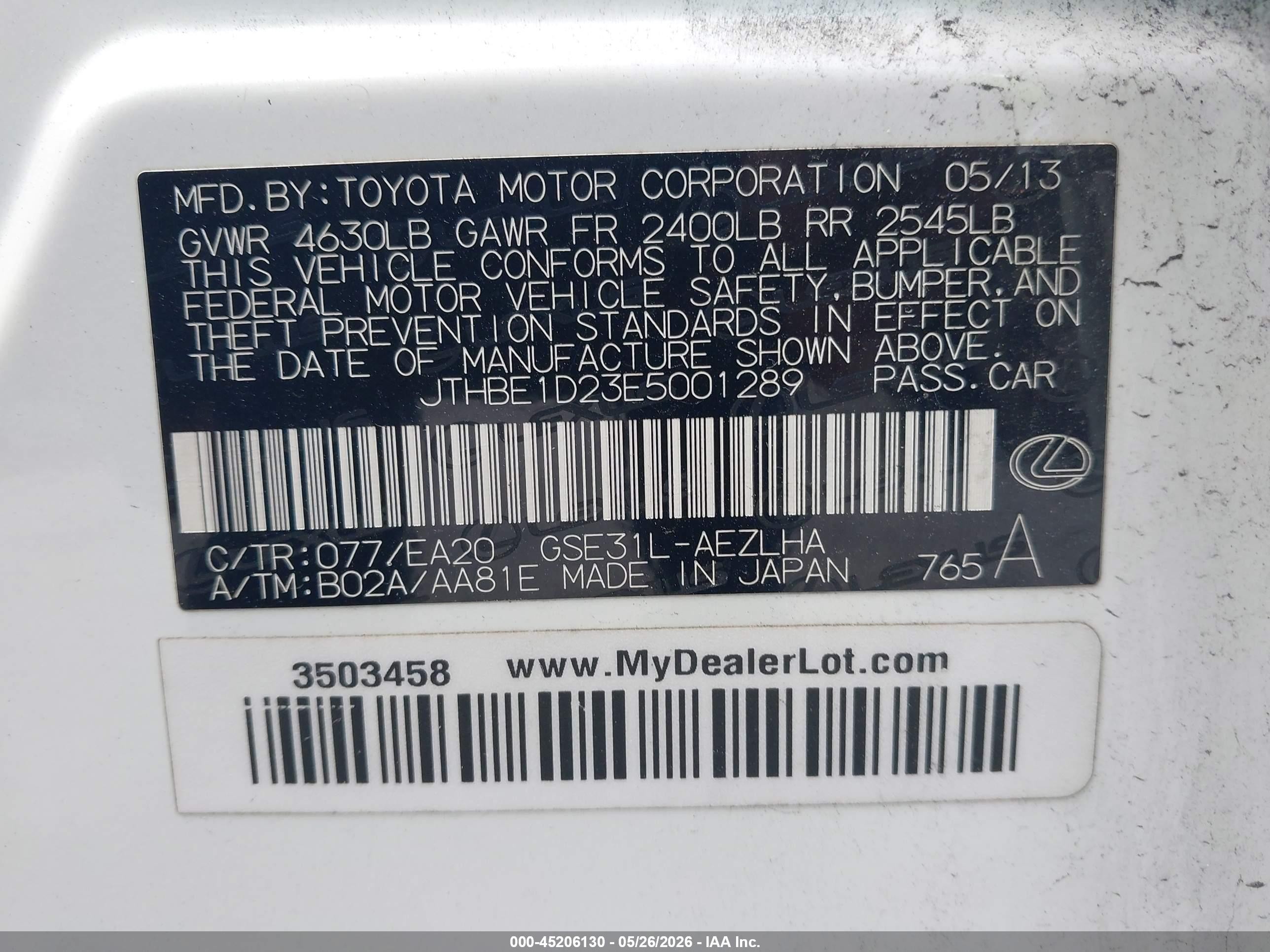 2014 Lexus Is 350   White vin: JTHBE1D23E5001289