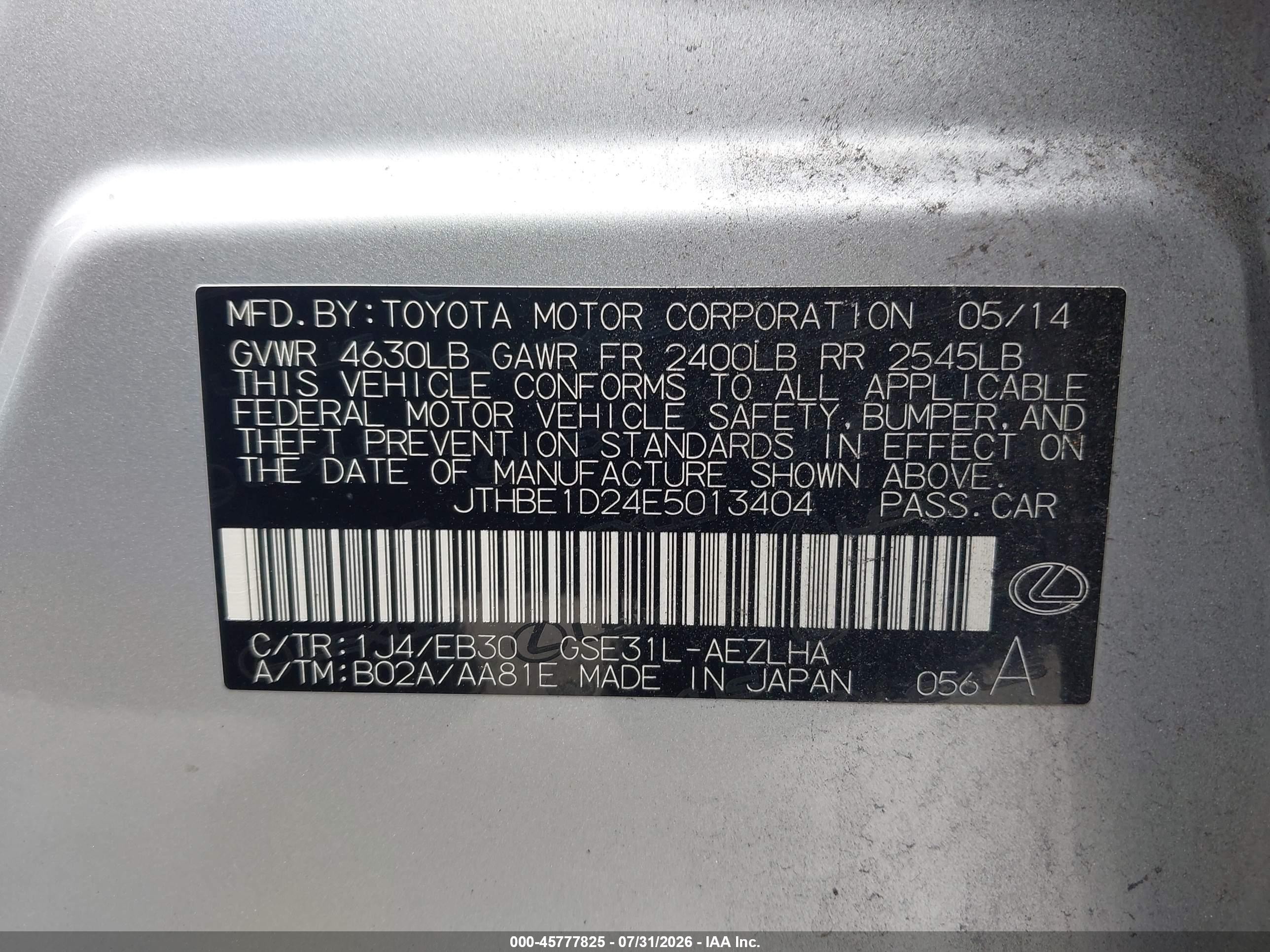 2014 Lexus Is 350   Silver vin: JTHBE1D24E5013404
