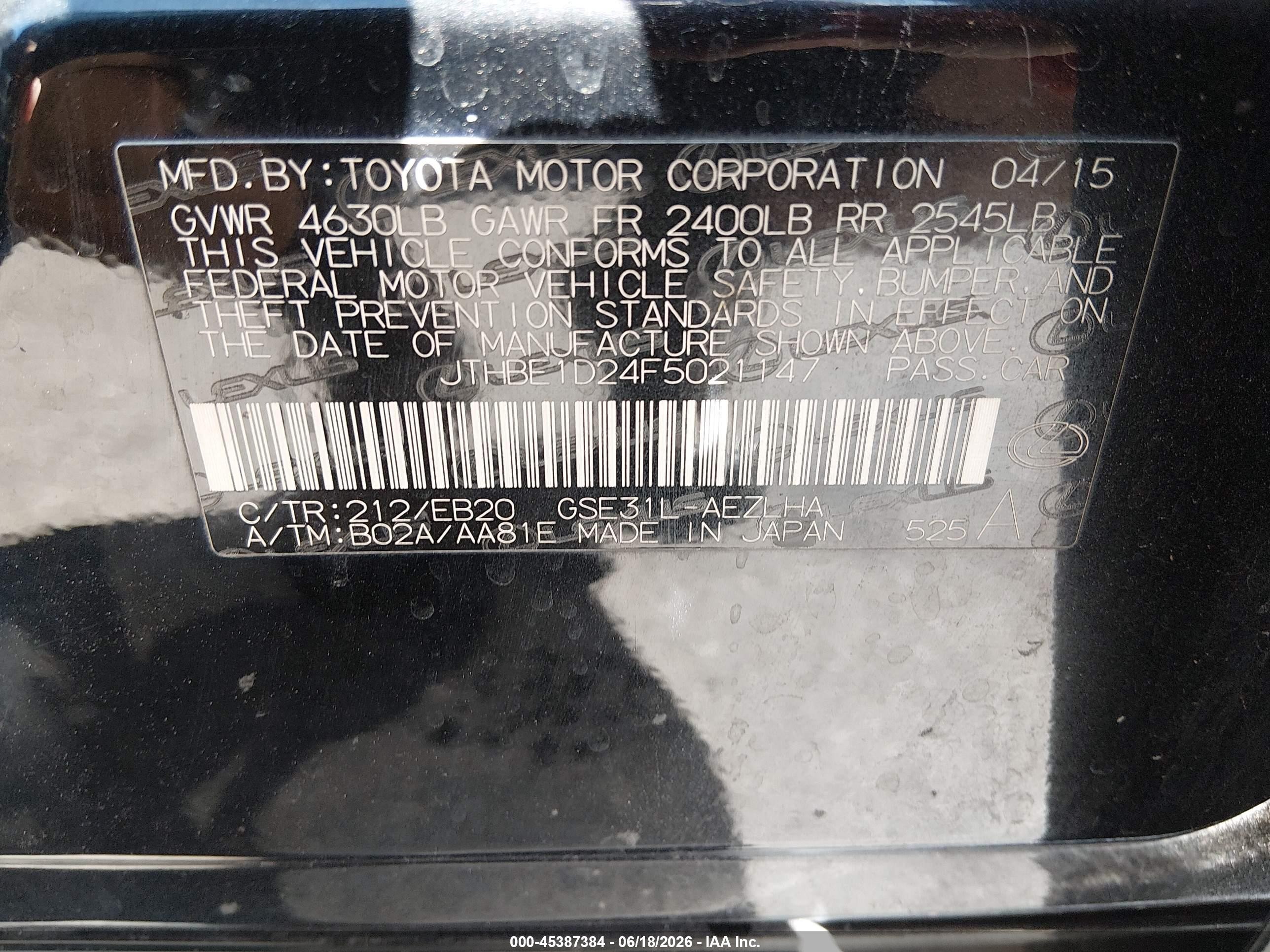 2015 Lexus Is 350   Black vin: JTHBE1D24F5021147
