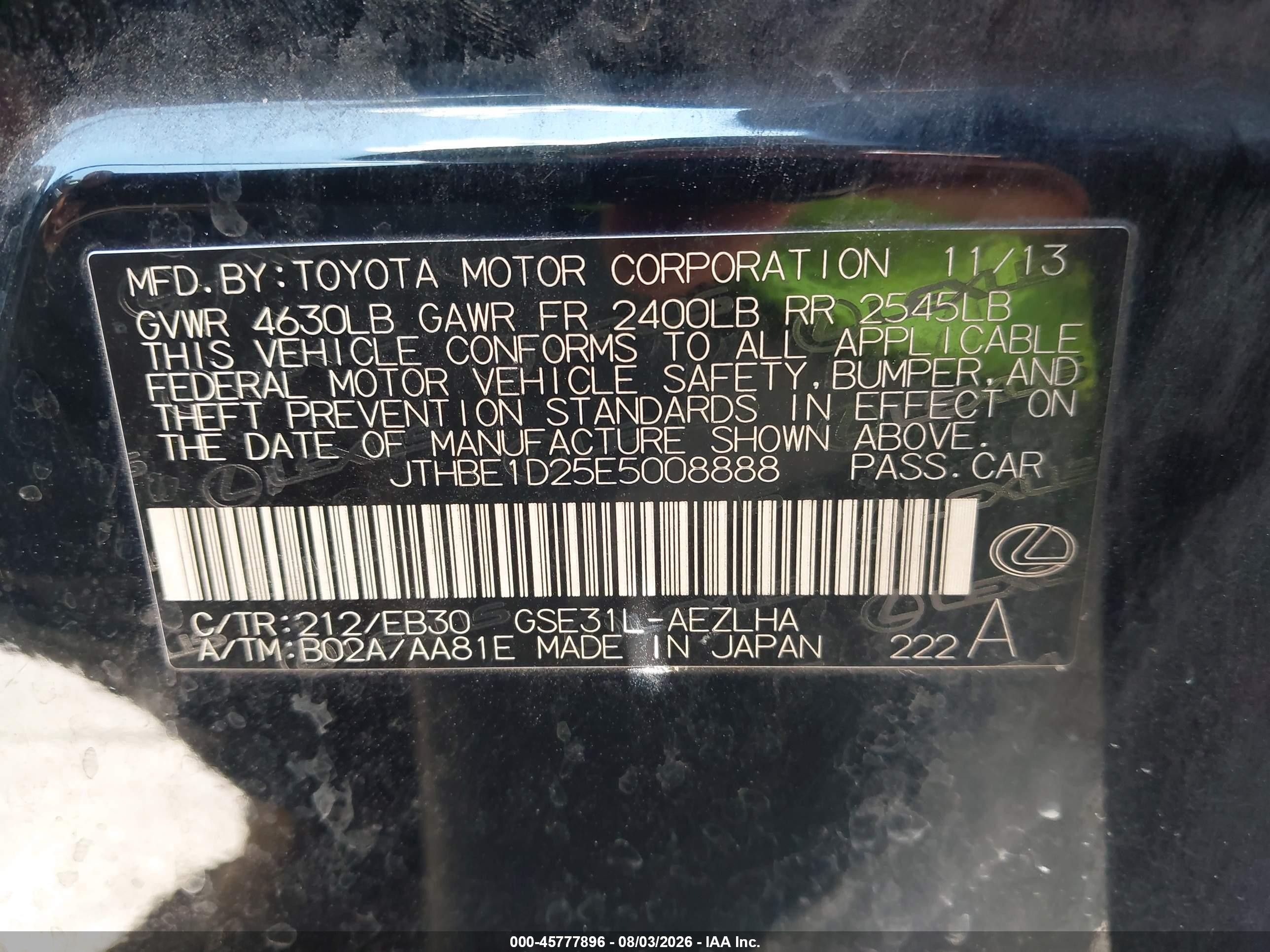 2014 Lexus Is 350   Black vin: JTHBE1D25E5008888