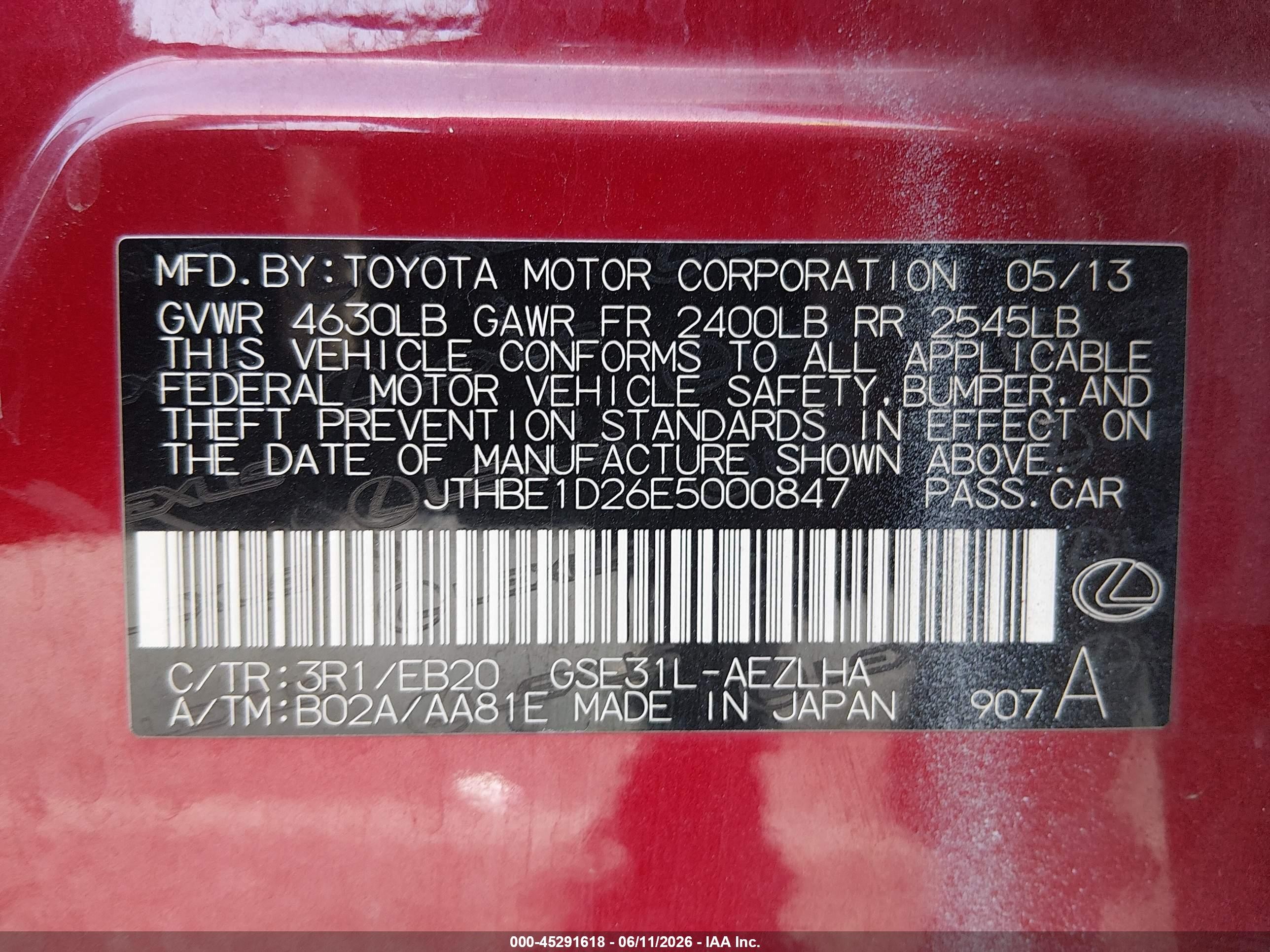 2014 Lexus Is 350   Red vin: JTHBE1D26E5000847