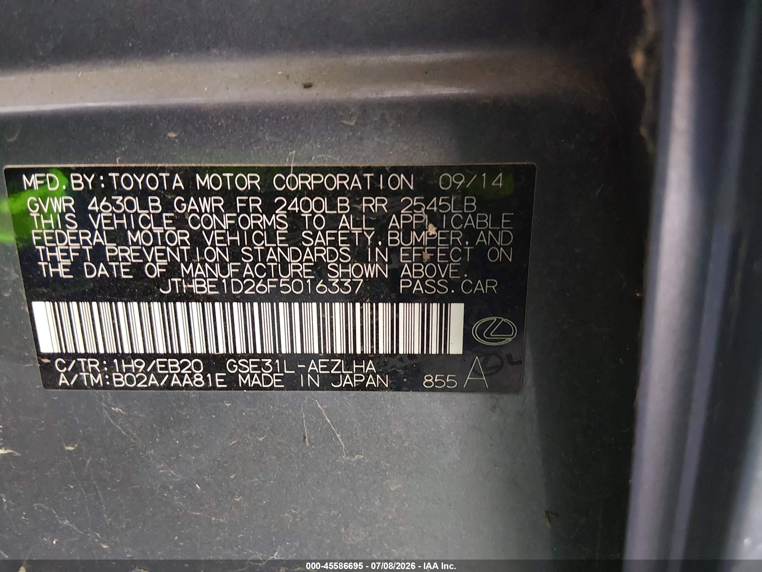 2015 Lexus Is 350   Gray vin: JTHBE1D26F5016337