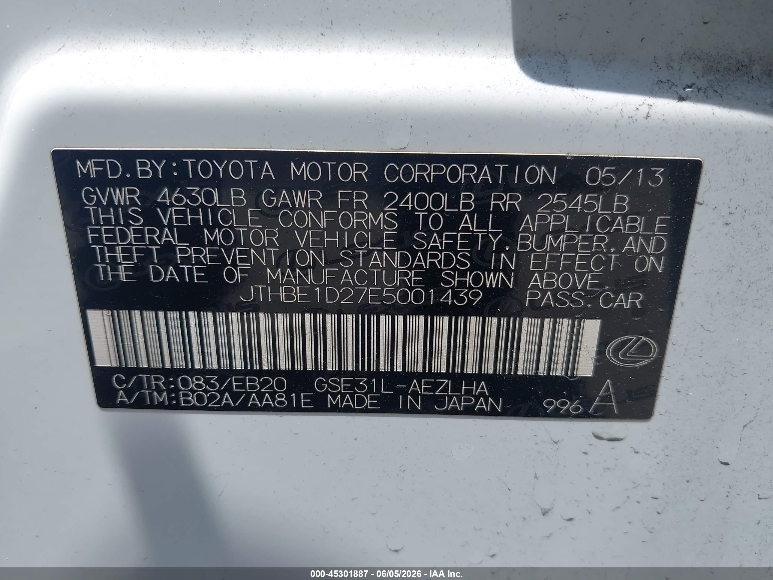 2014 Lexus Is 350   White vin: JTHBE1D27E5001439
