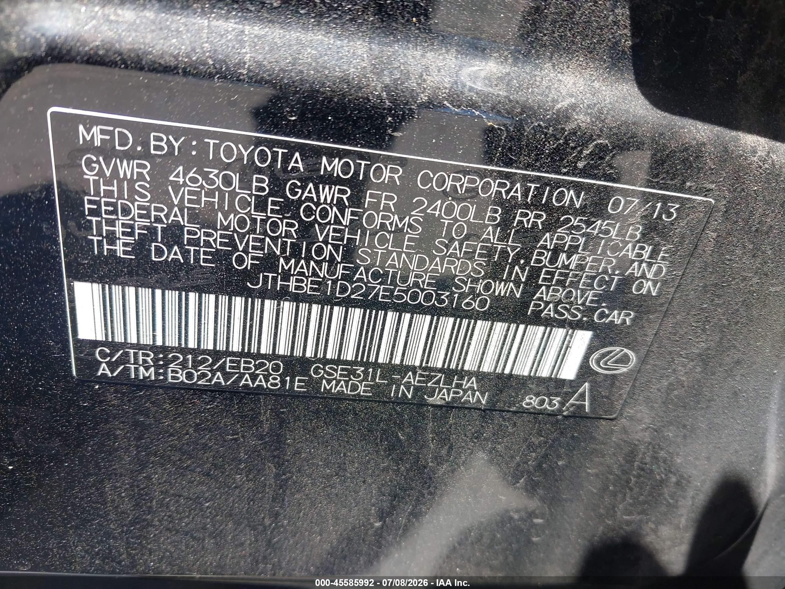 2014 Lexus Is 350   Black vin: JTHBE1D27E5003160