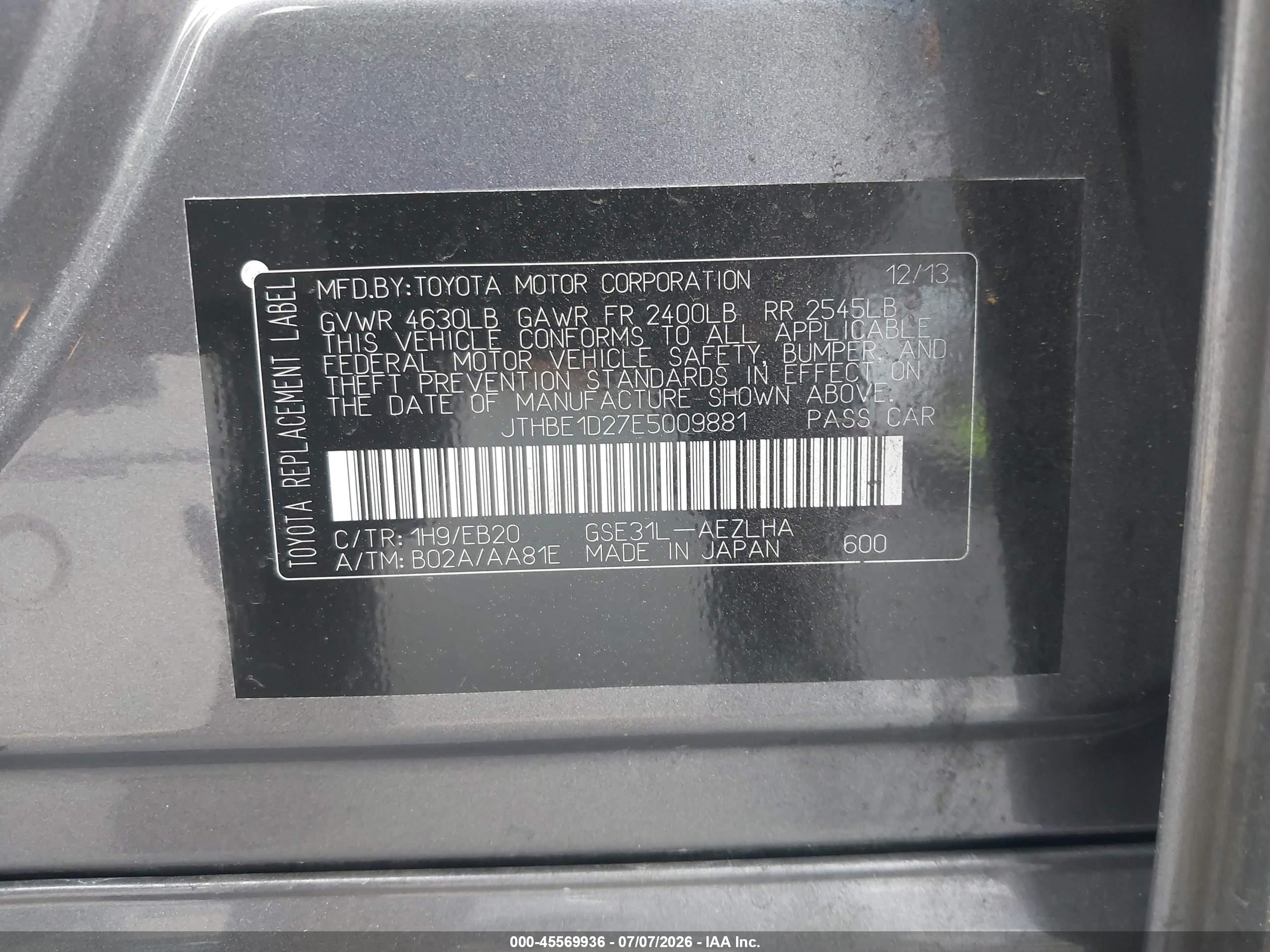 2014 Lexus Is 350   Gray vin: JTHBE1D27E5009881